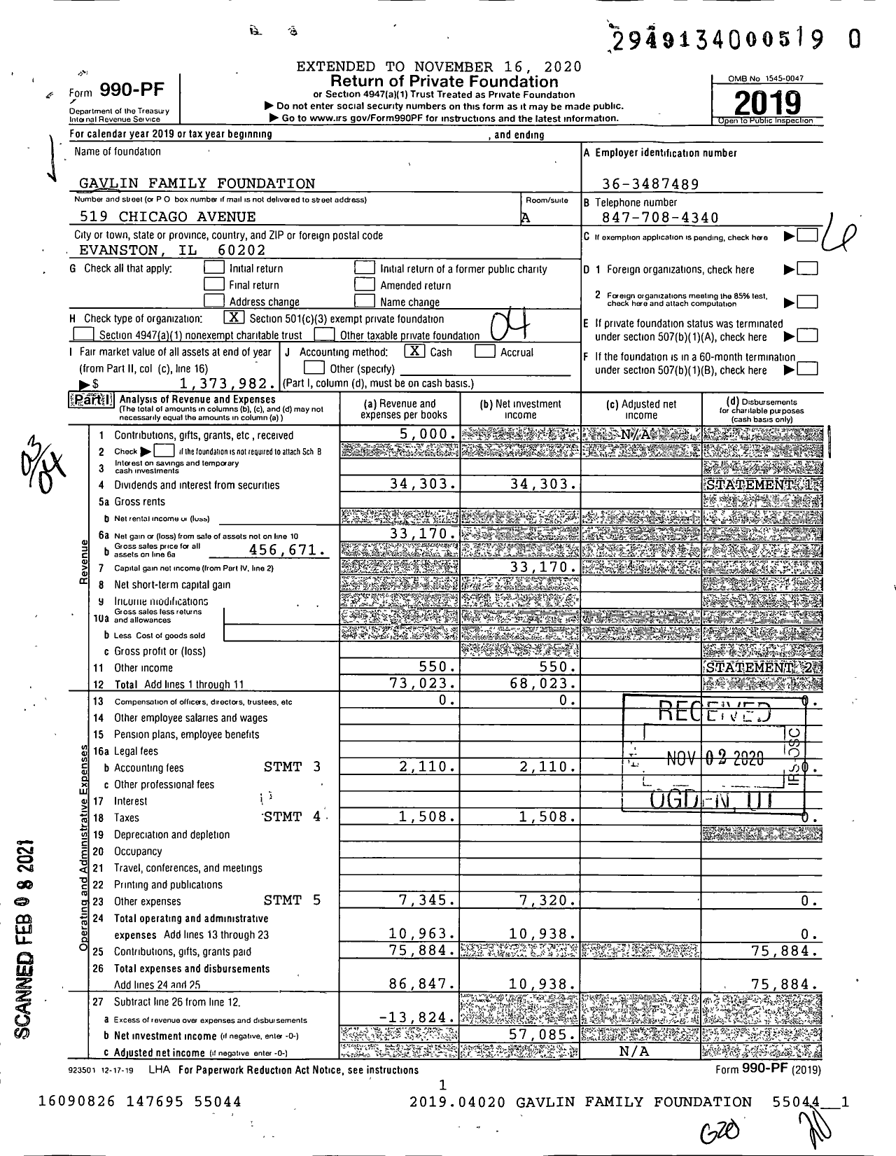 Image of first page of 2019 Form 990PF for Gavlin Family Foundation