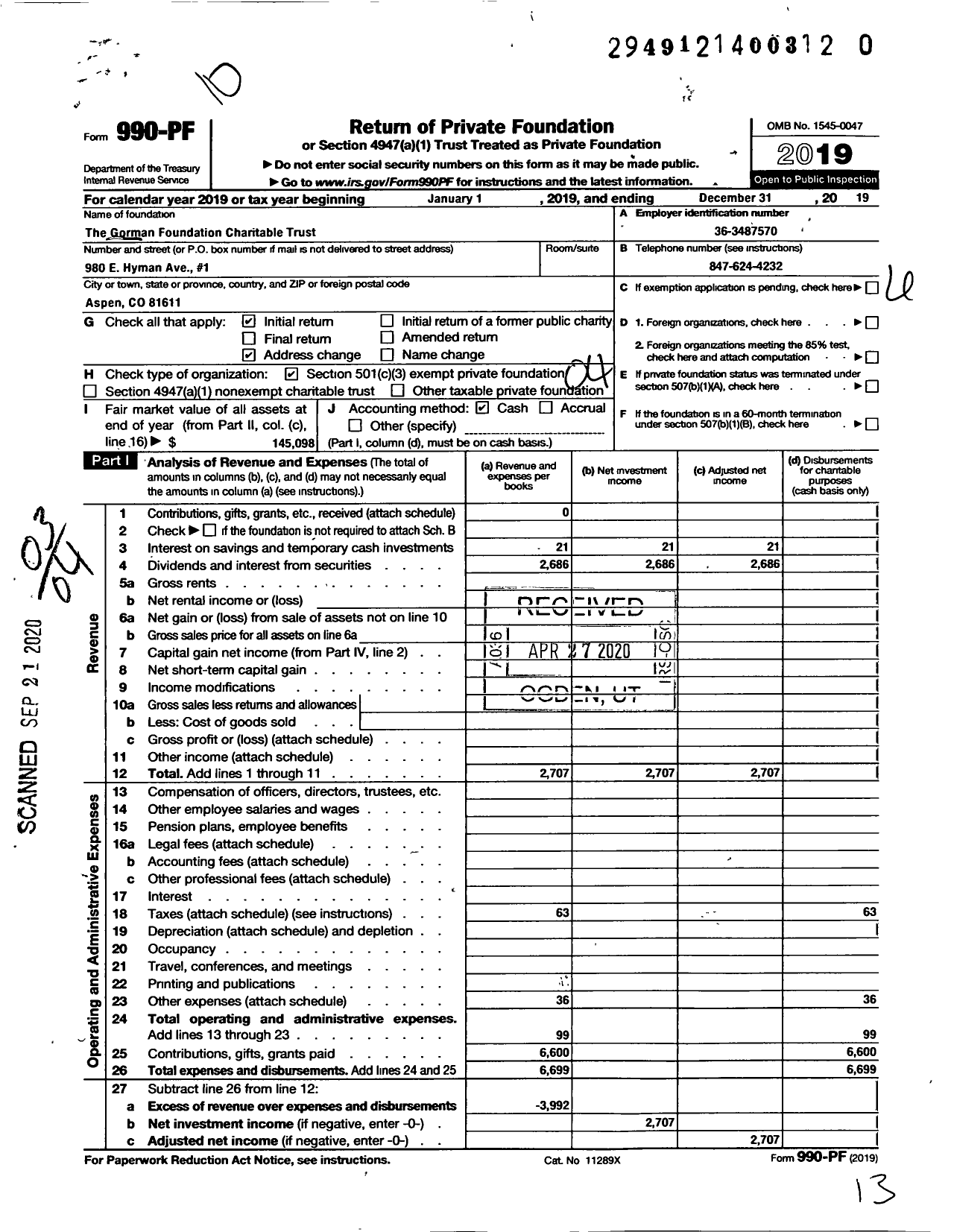 Image of first page of 2019 Form 990PR for Gorman Foundation Charitable Trust