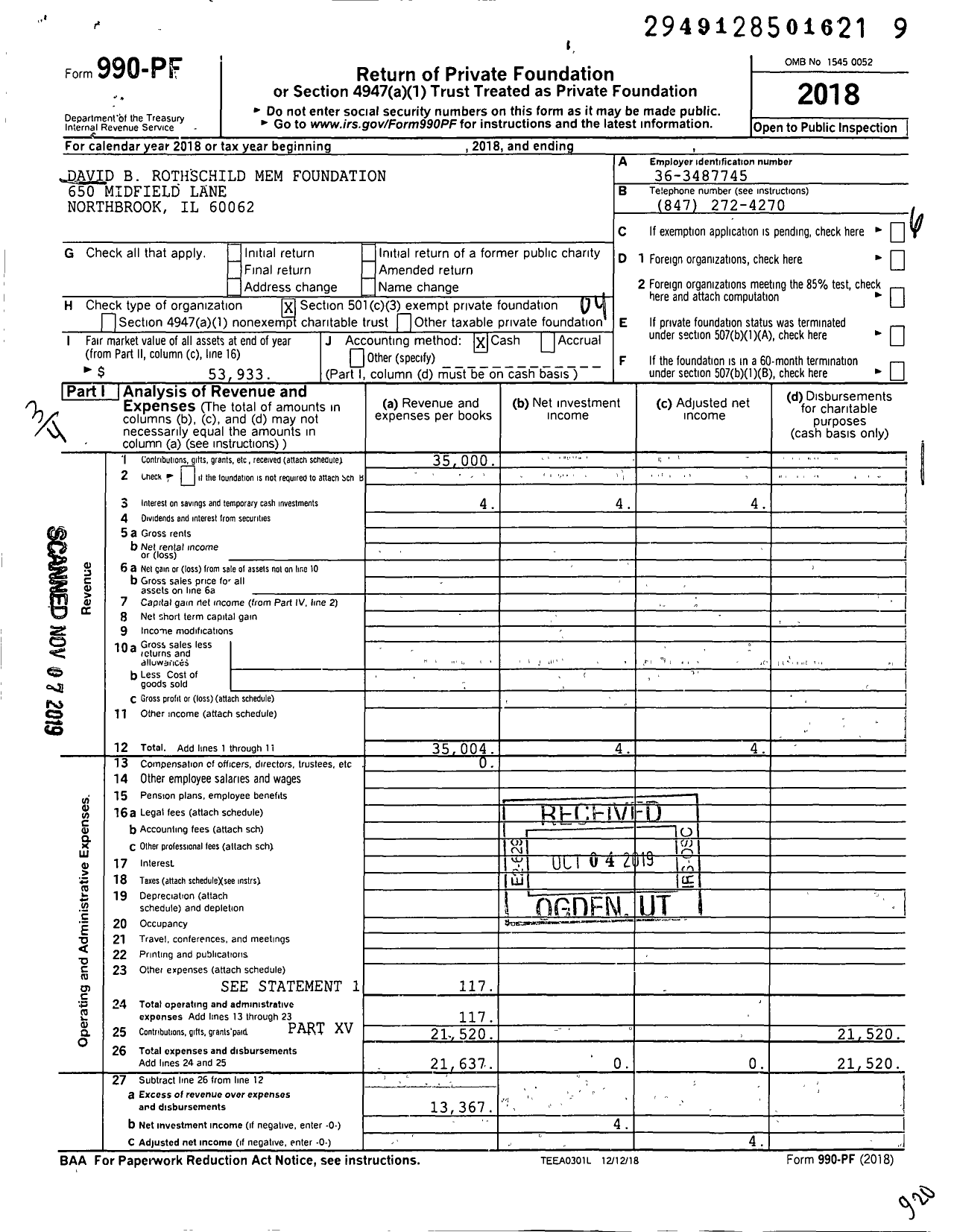 Image of first page of 2018 Form 990PF for David B Rothschild Mem Foundation