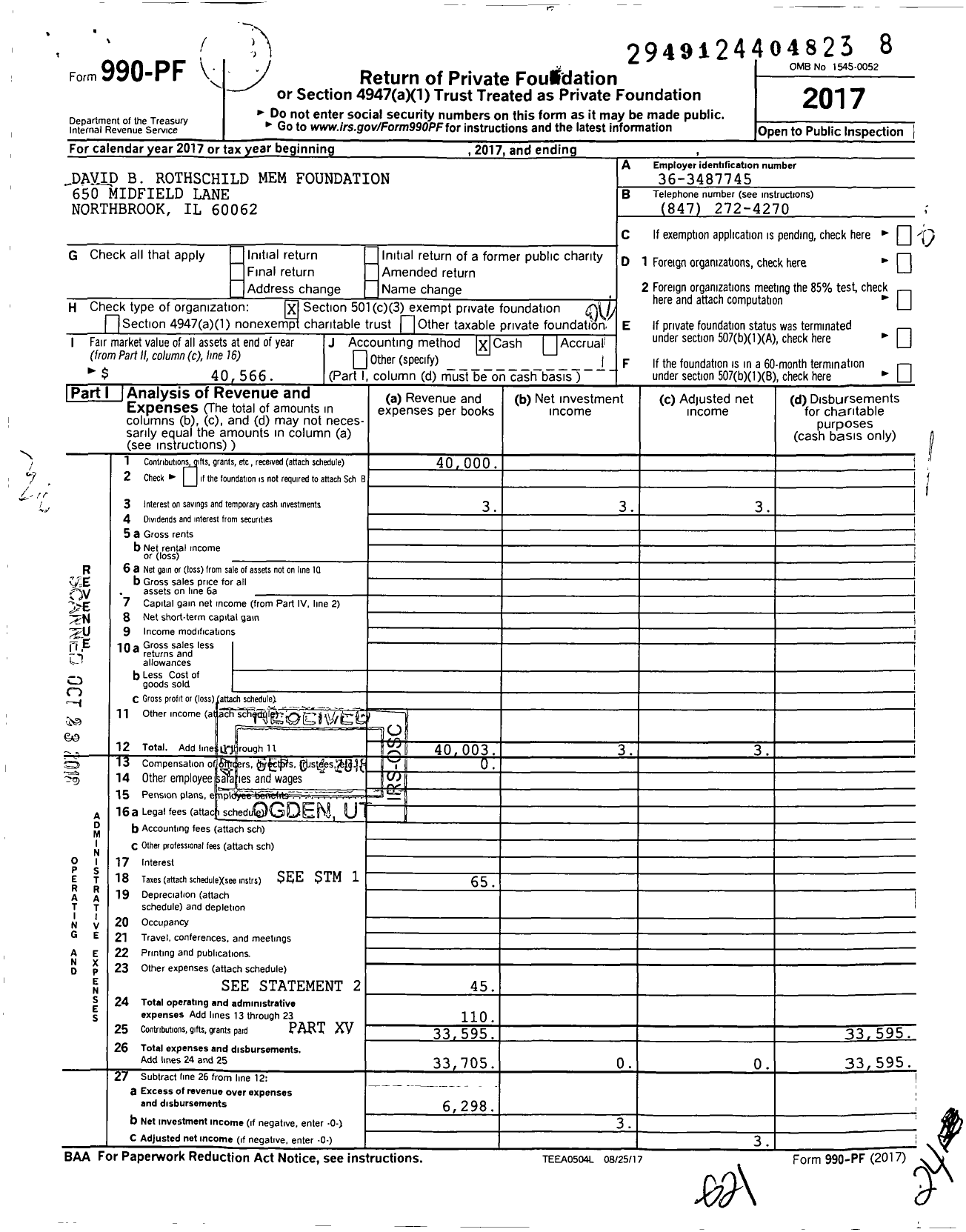 Image of first page of 2017 Form 990PF for David B Rothschild Mem Foundation