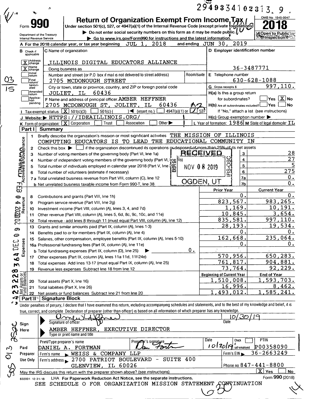 Image of first page of 2018 Form 990 for Illinois Digital Educators Alliance (ICE)