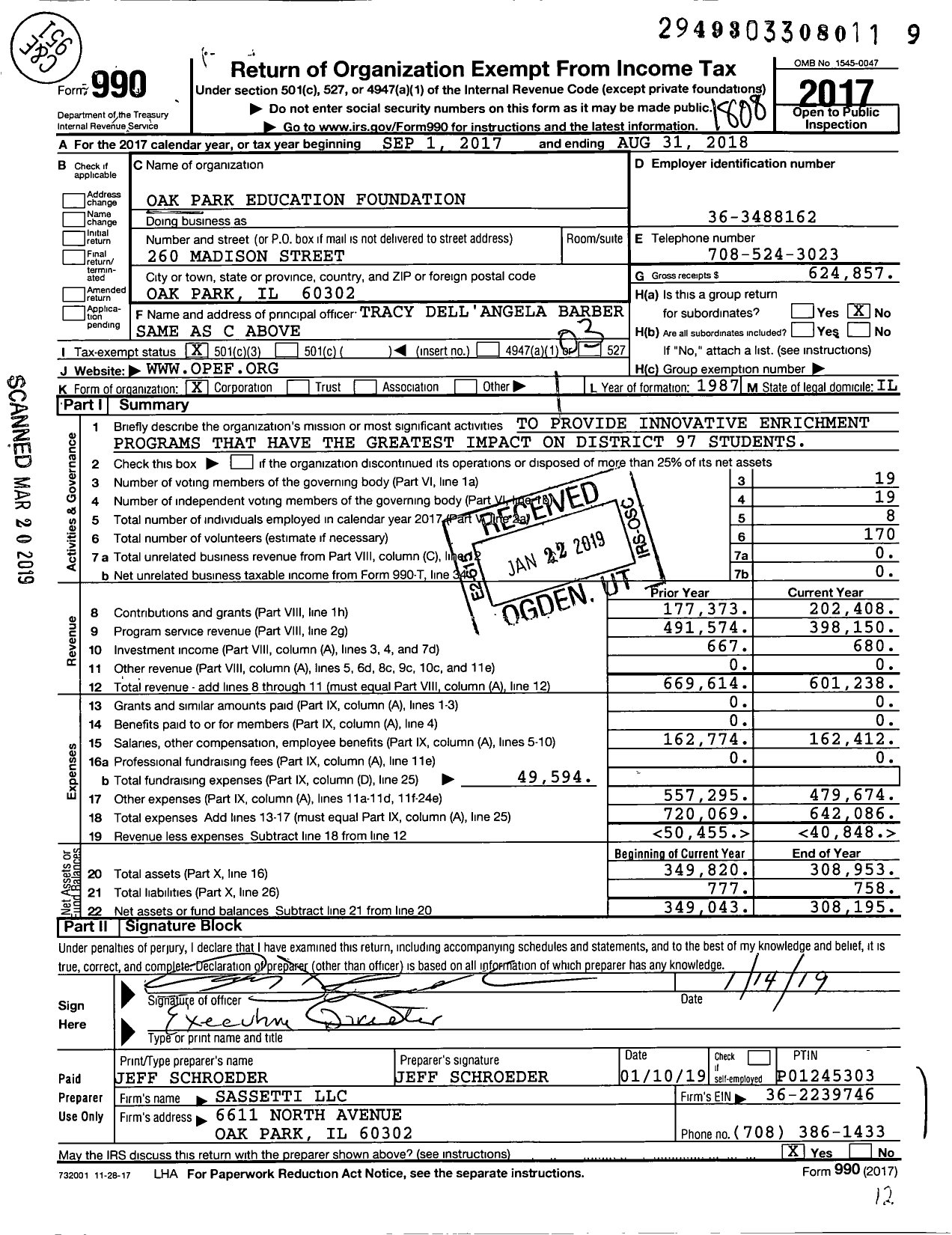 Image of first page of 2017 Form 990 for Oak Park Education Foundation