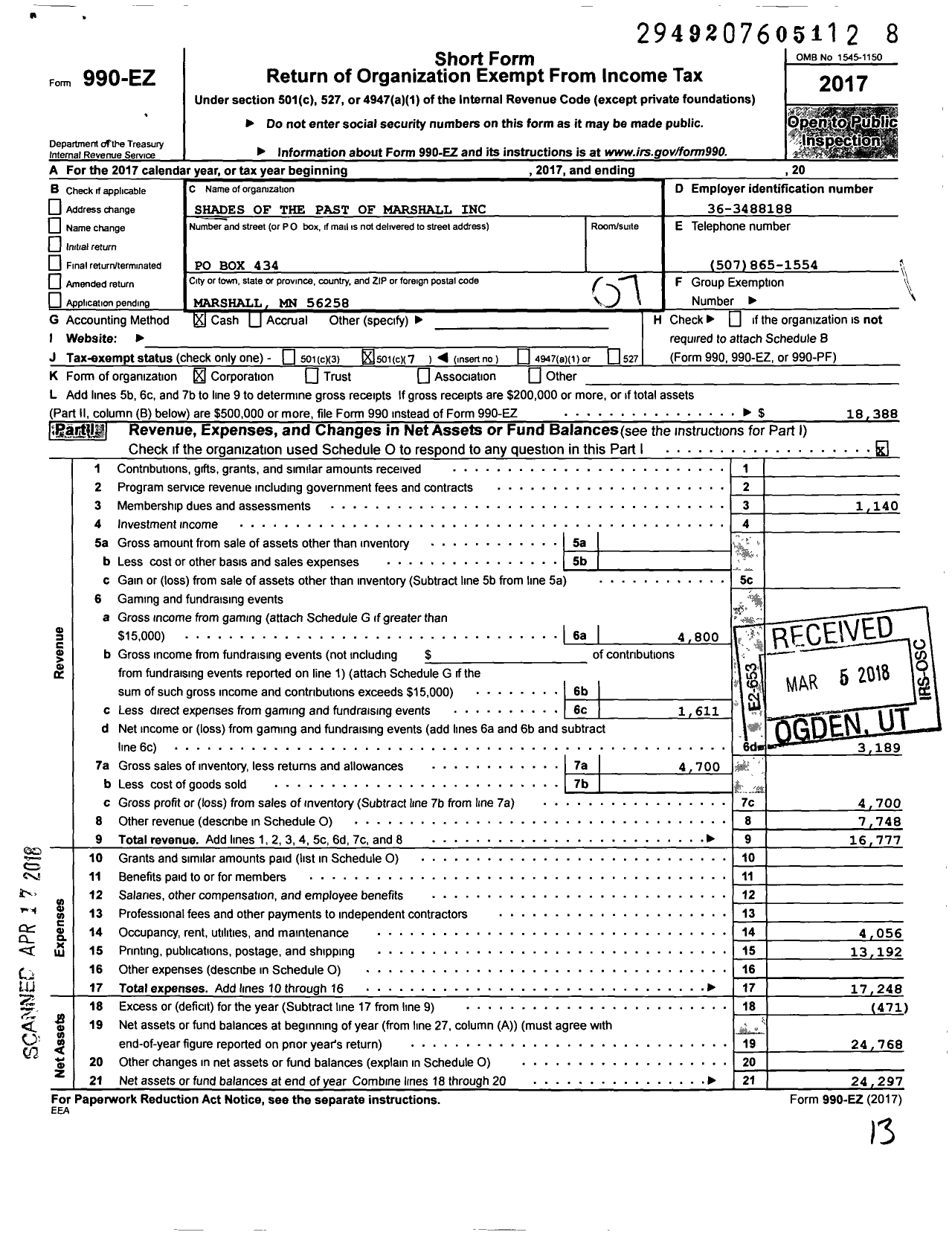 Image of first page of 2017 Form 990EO for Shades of the Past of Marshall