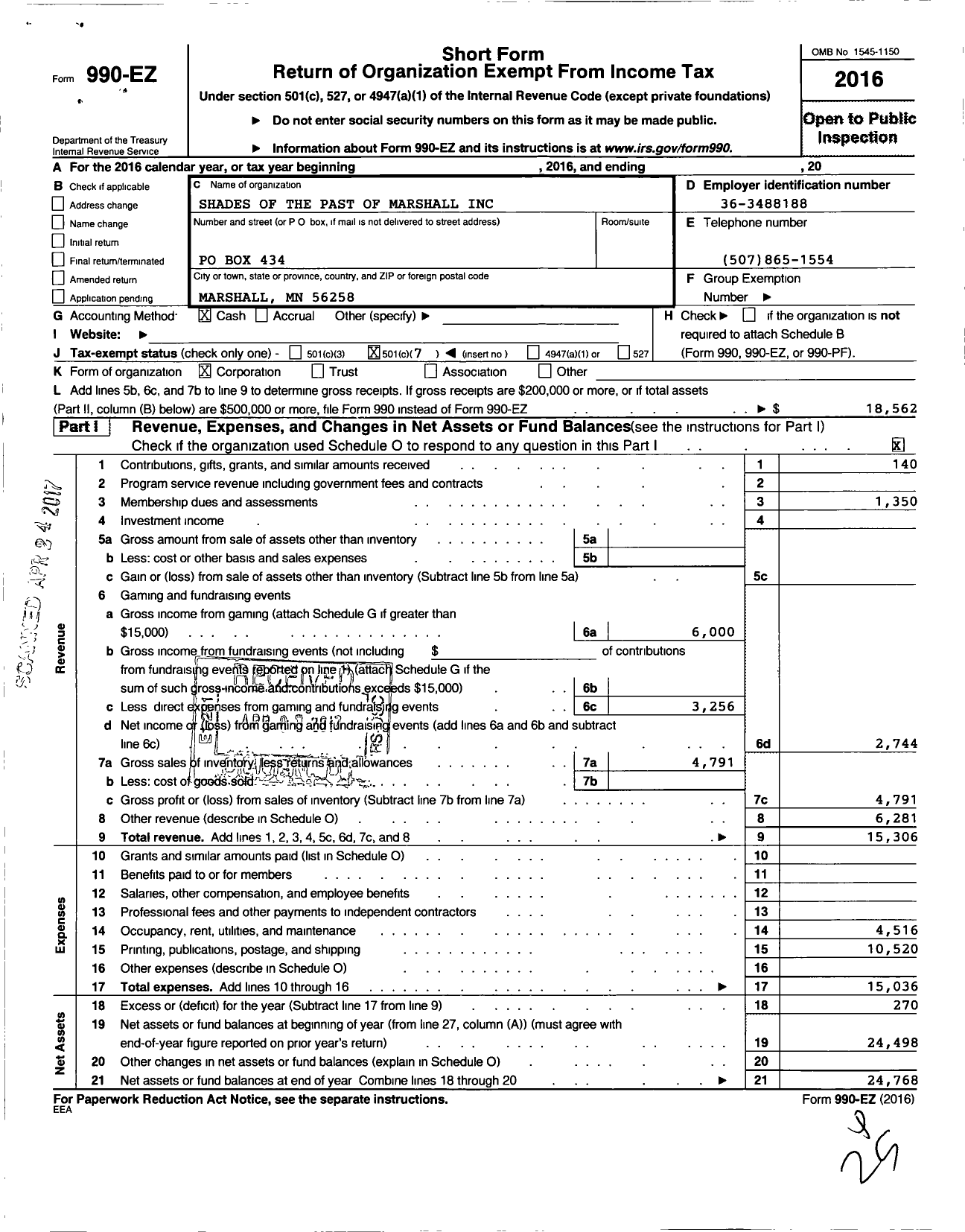 Image of first page of 2016 Form 990EO for Shades of the Past of Marshall