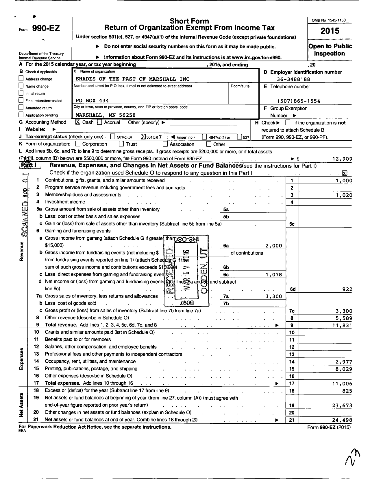 Image of first page of 2015 Form 990EO for Shades of the Past of Marshall