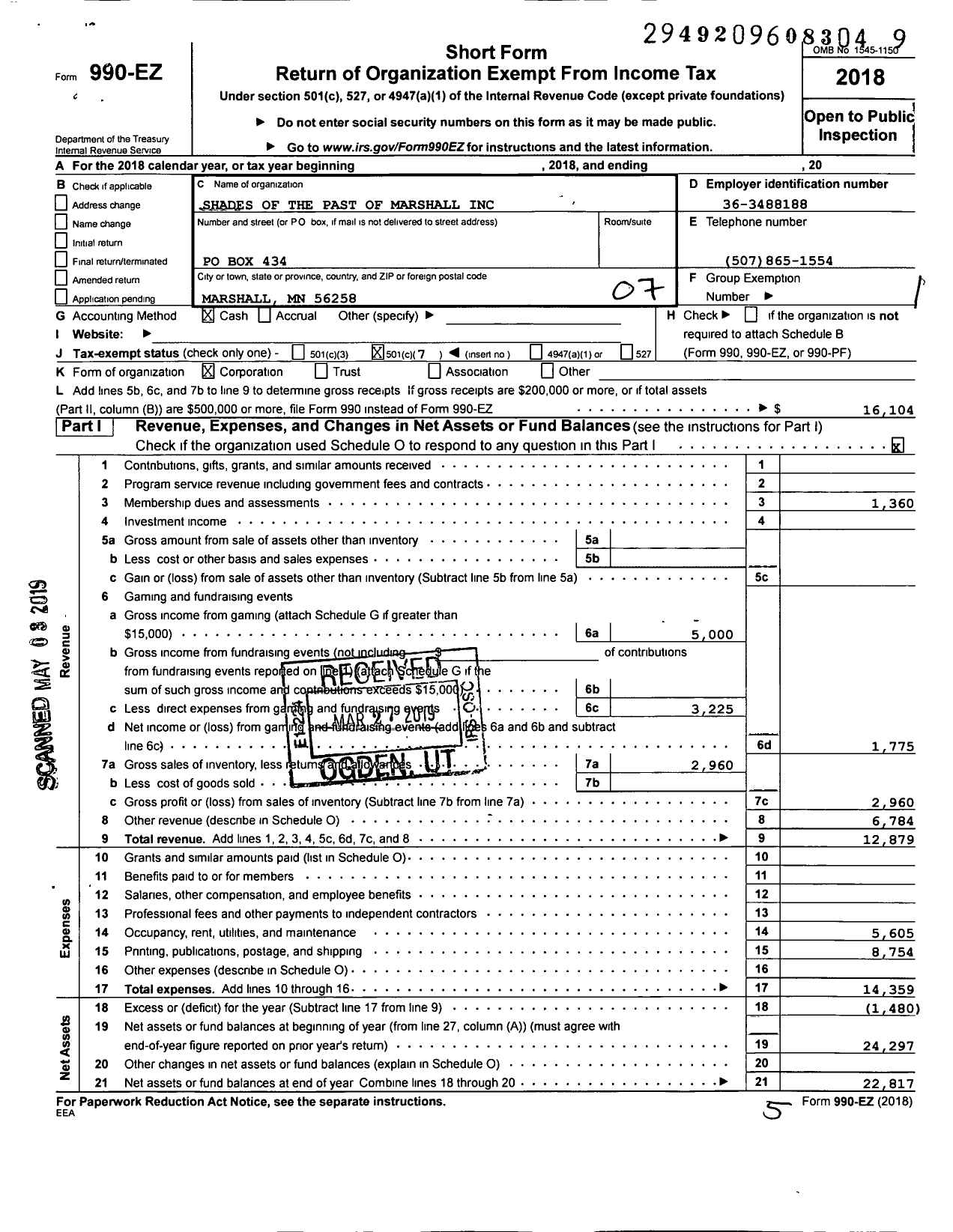 Image of first page of 2018 Form 990EO for Shades of the Past of Marshall