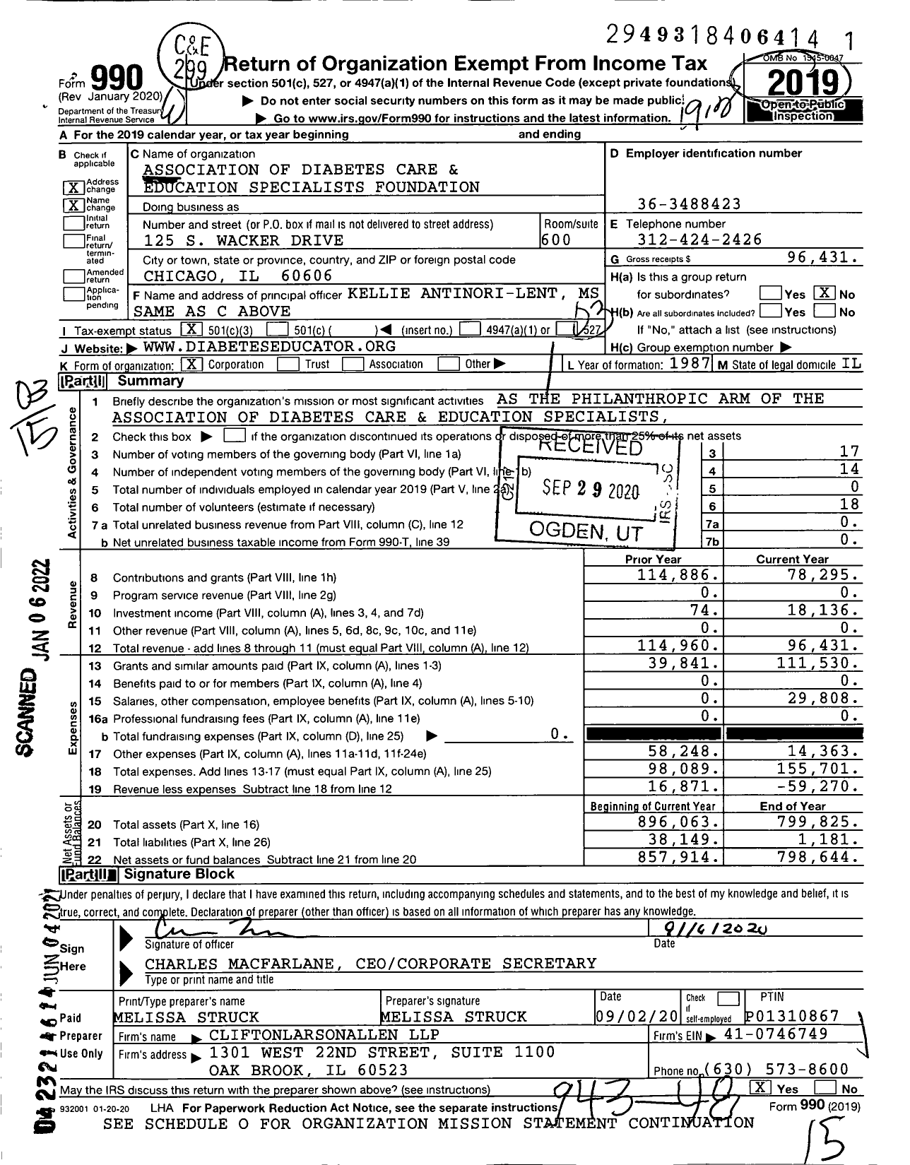 Image of first page of 2019 Form 990 for Association of Diabetes Care and Education and Research Foundation