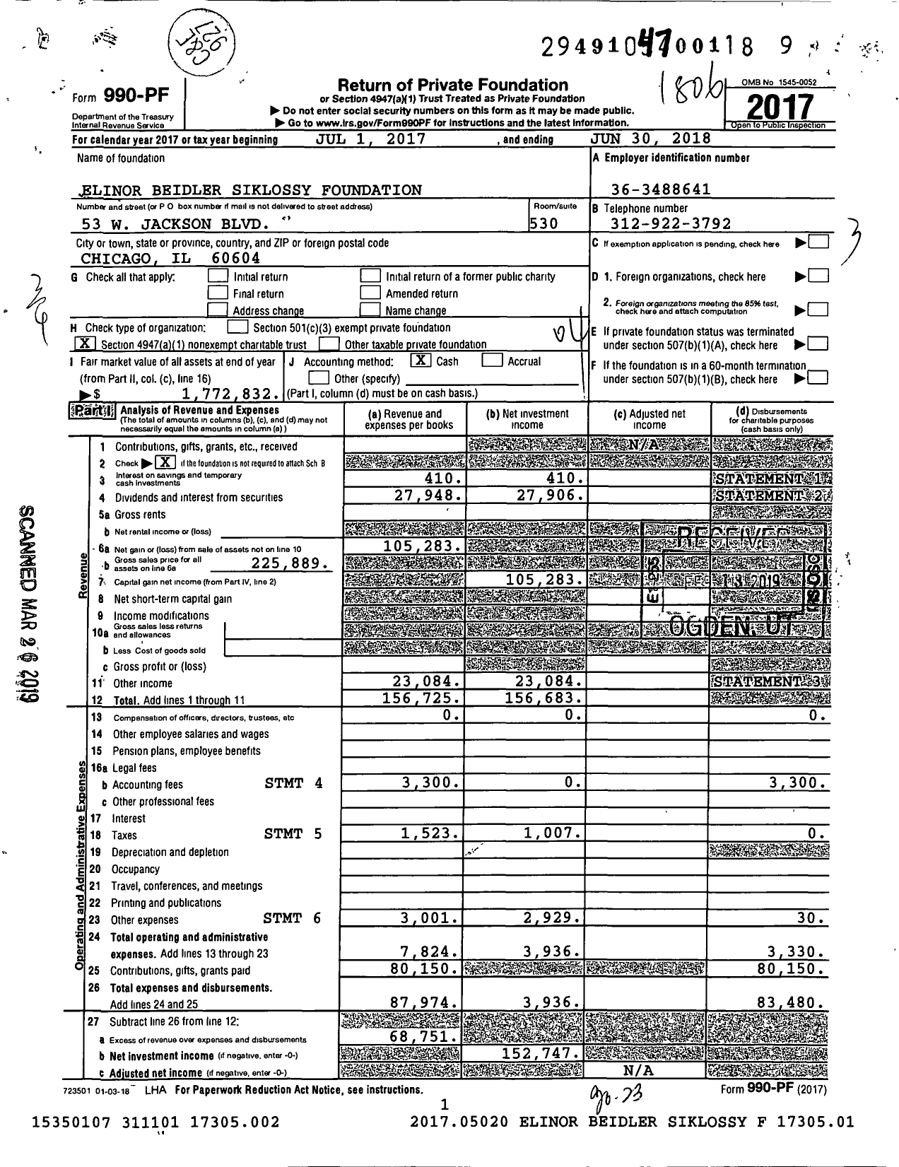 Image of first page of 2017 Form 990PF for Elinor Beidler Siklossy Foundation