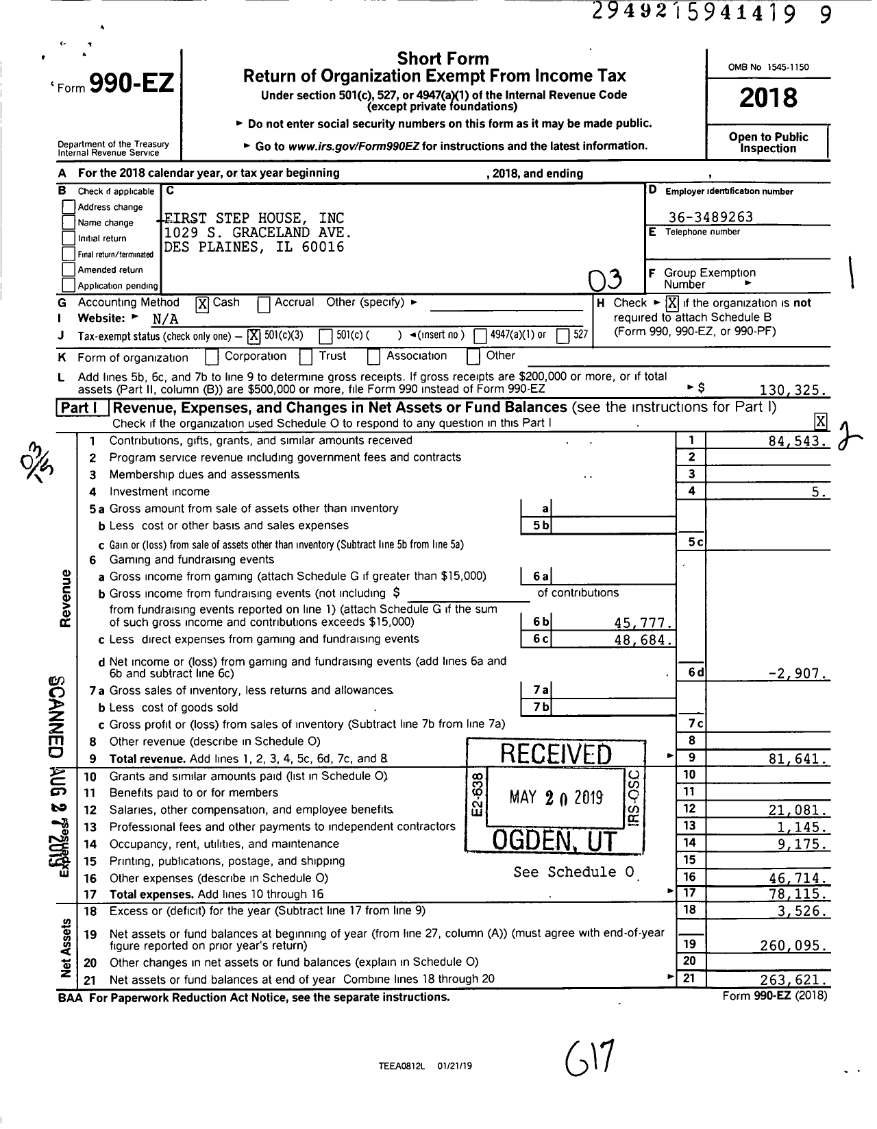 Image of first page of 2018 Form 990EZ for First Step House