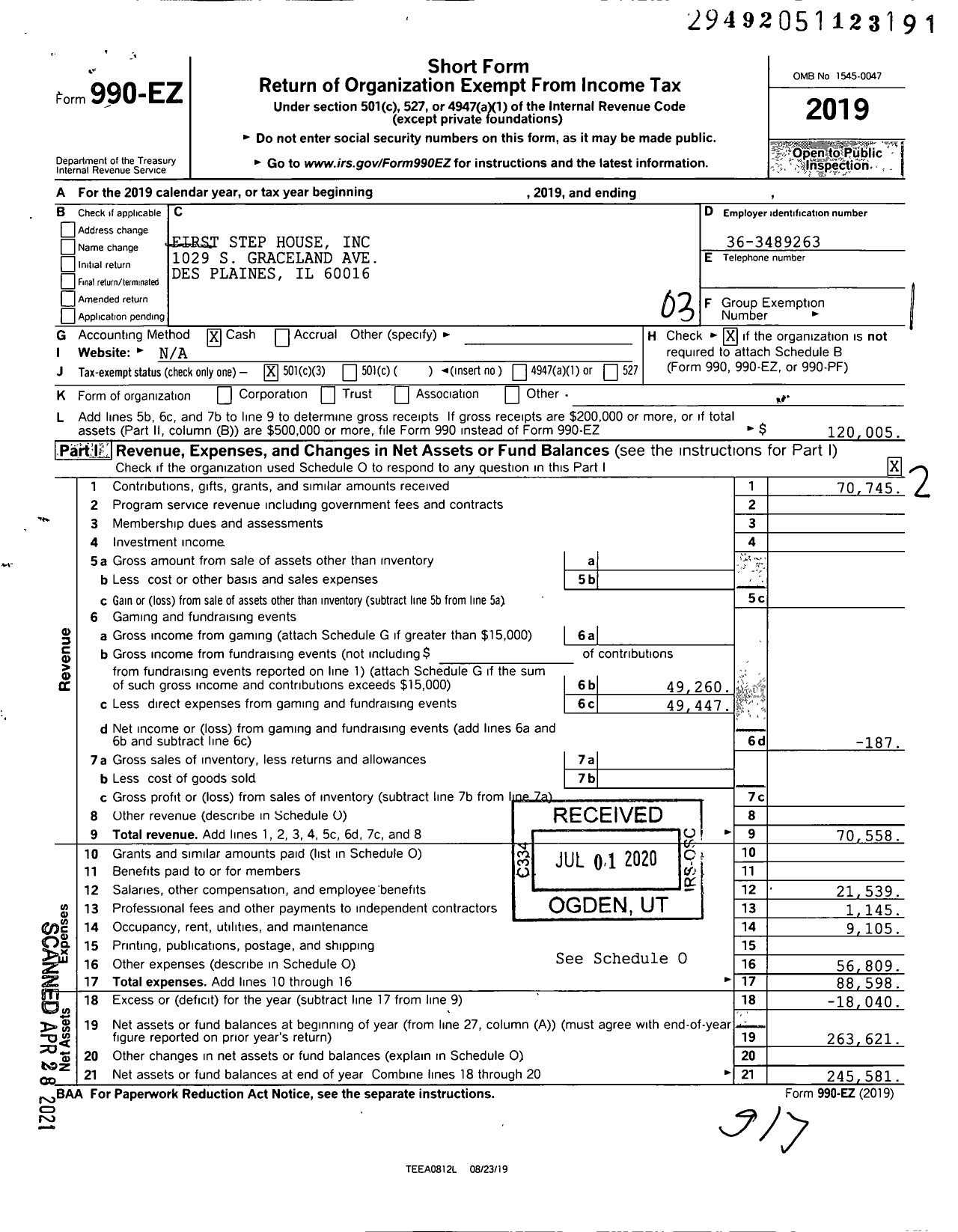 Image of first page of 2019 Form 990EZ for First Step House