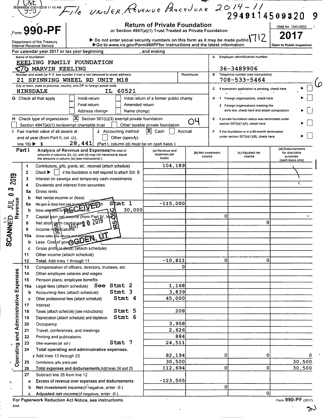 Image of first page of 2017 Form 990PF for Keeling Family Foundation