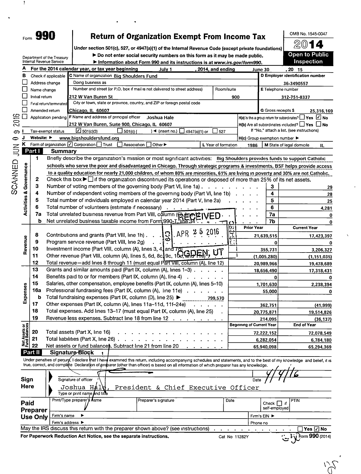 Image of first page of 2014 Form 990 for Big Shoulders Fund