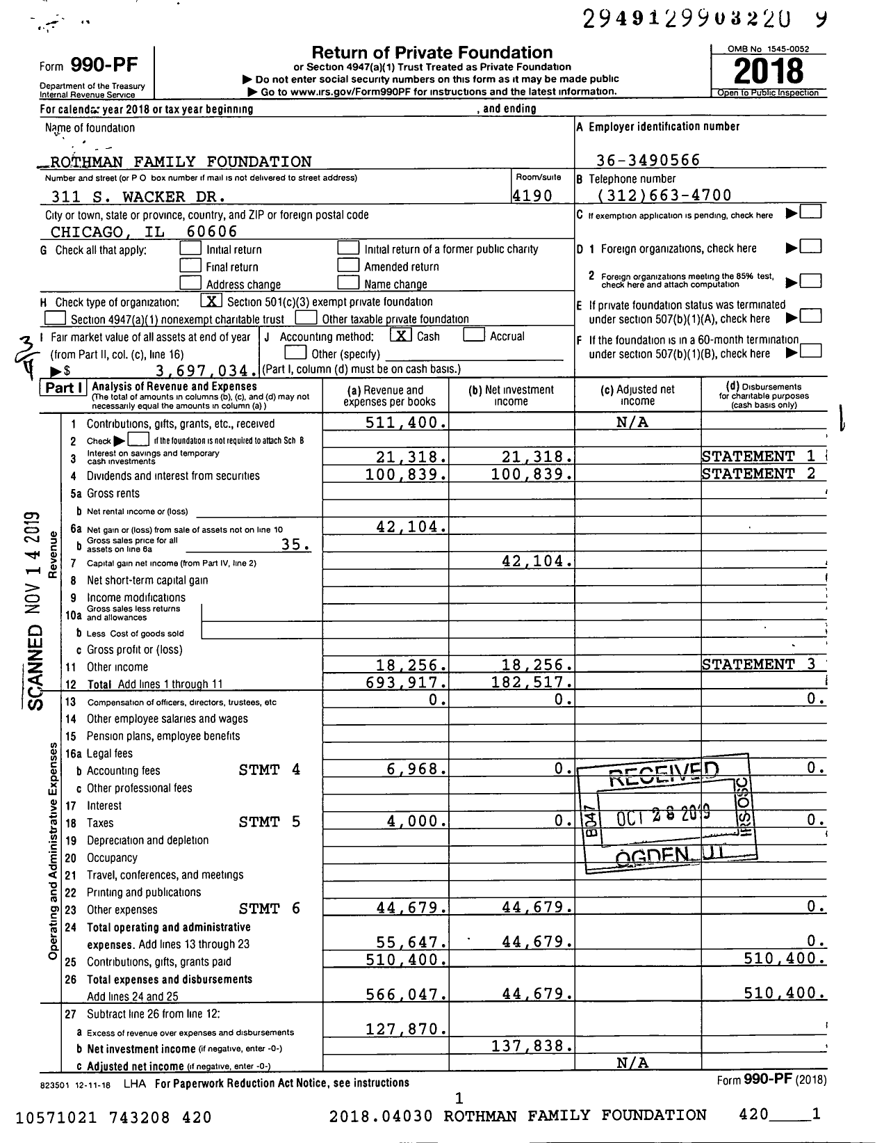 Image of first page of 2018 Form 990PF for Rothman Family Foundation