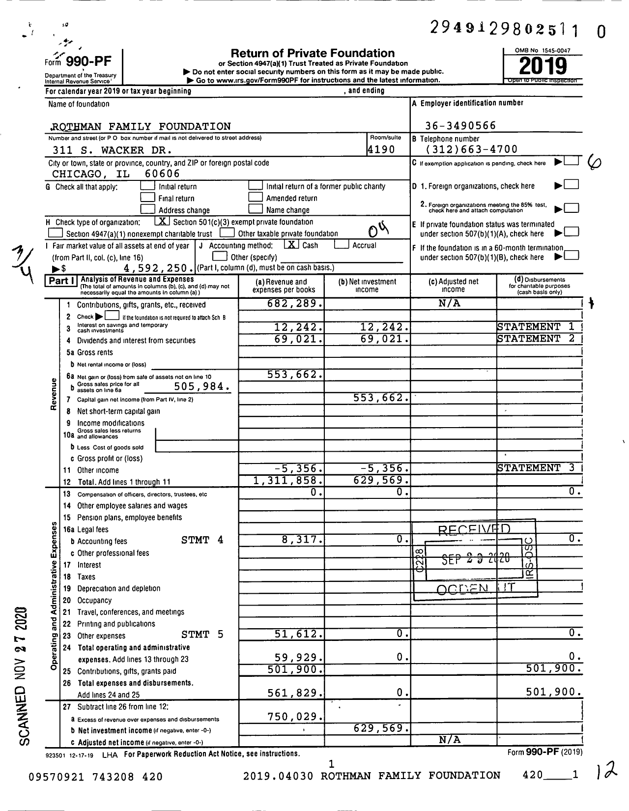 Image of first page of 2019 Form 990PF for Rothman Family Foundation