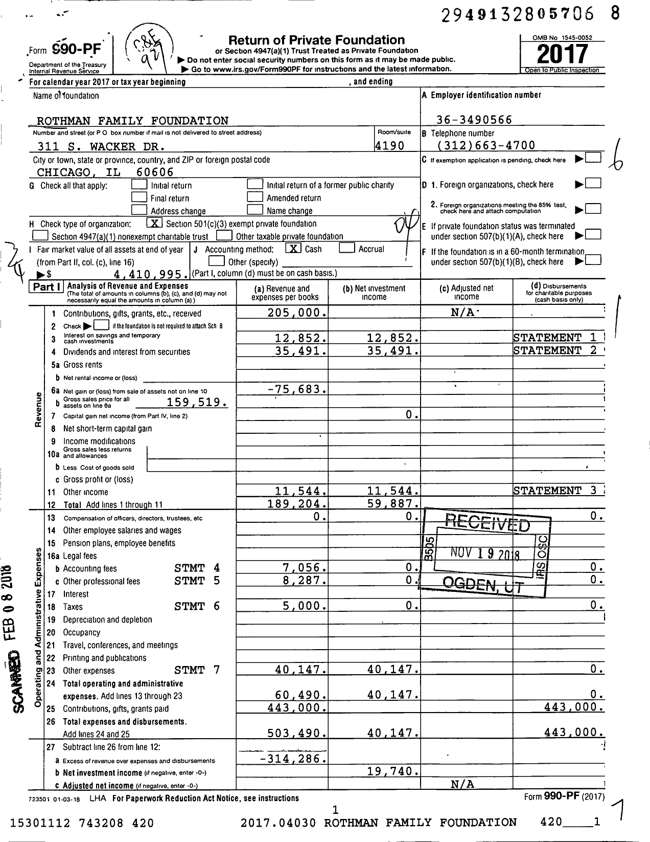 Image of first page of 2017 Form 990PF for Rothman Family Foundation