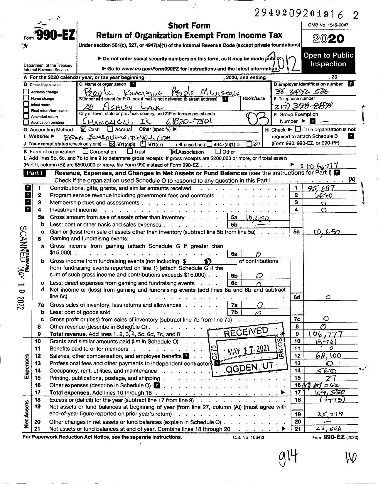 Image of first page of 2020 Form 990EZ for People Reaching People Ministry