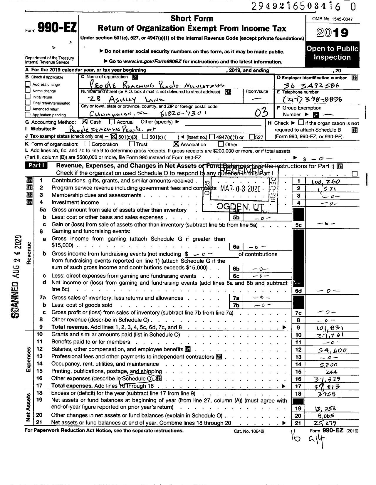 Image of first page of 2019 Form 990EZ for People Reaching People Ministry