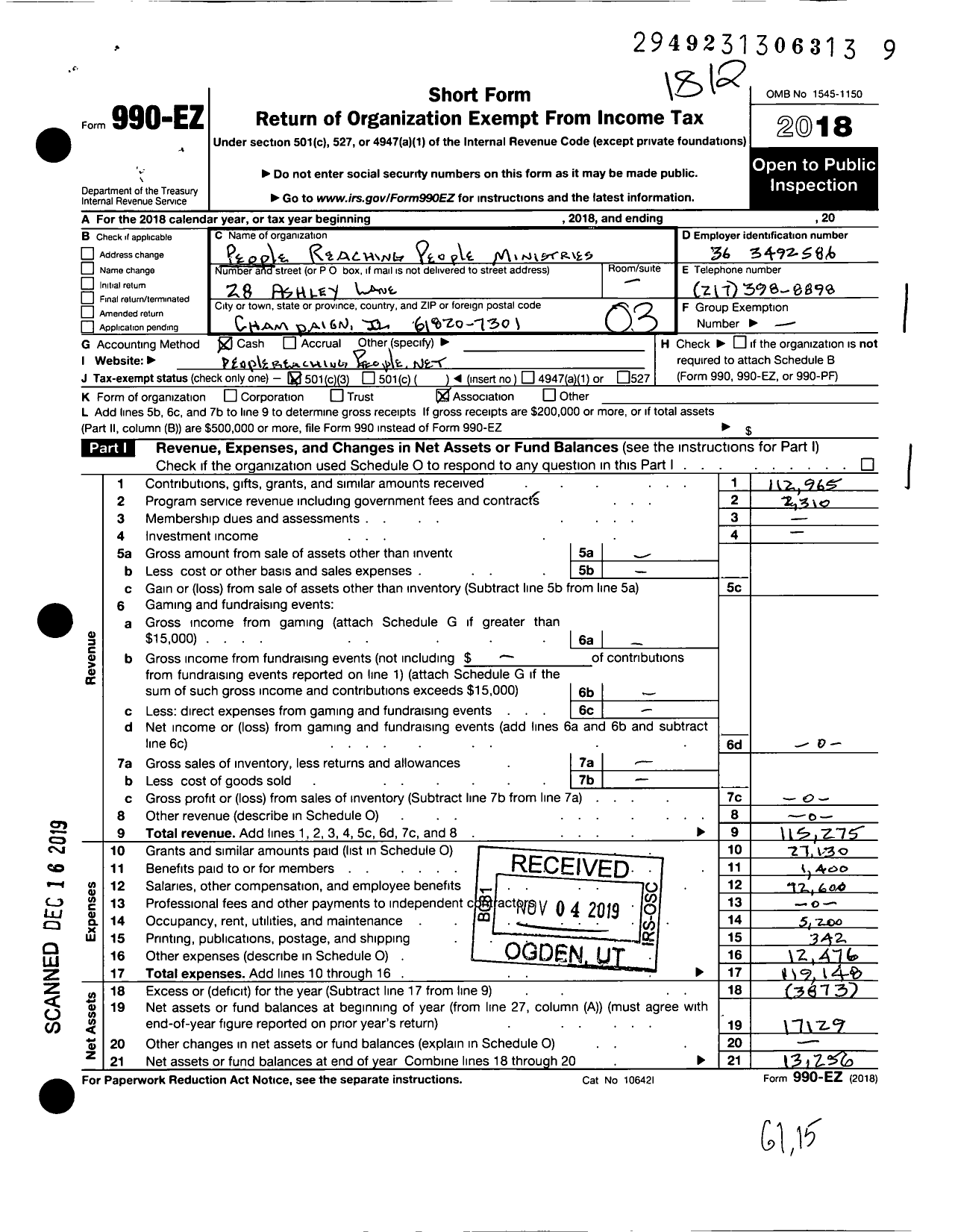 Image of first page of 2018 Form 990EZ for People Reaching People Ministry