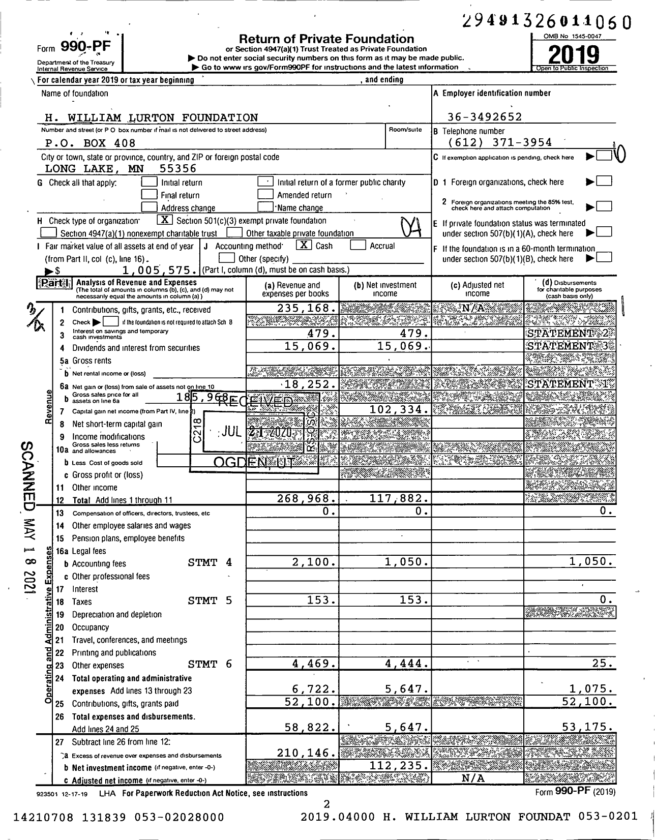 Image of first page of 2019 Form 990PF for H William Lurton Foundation