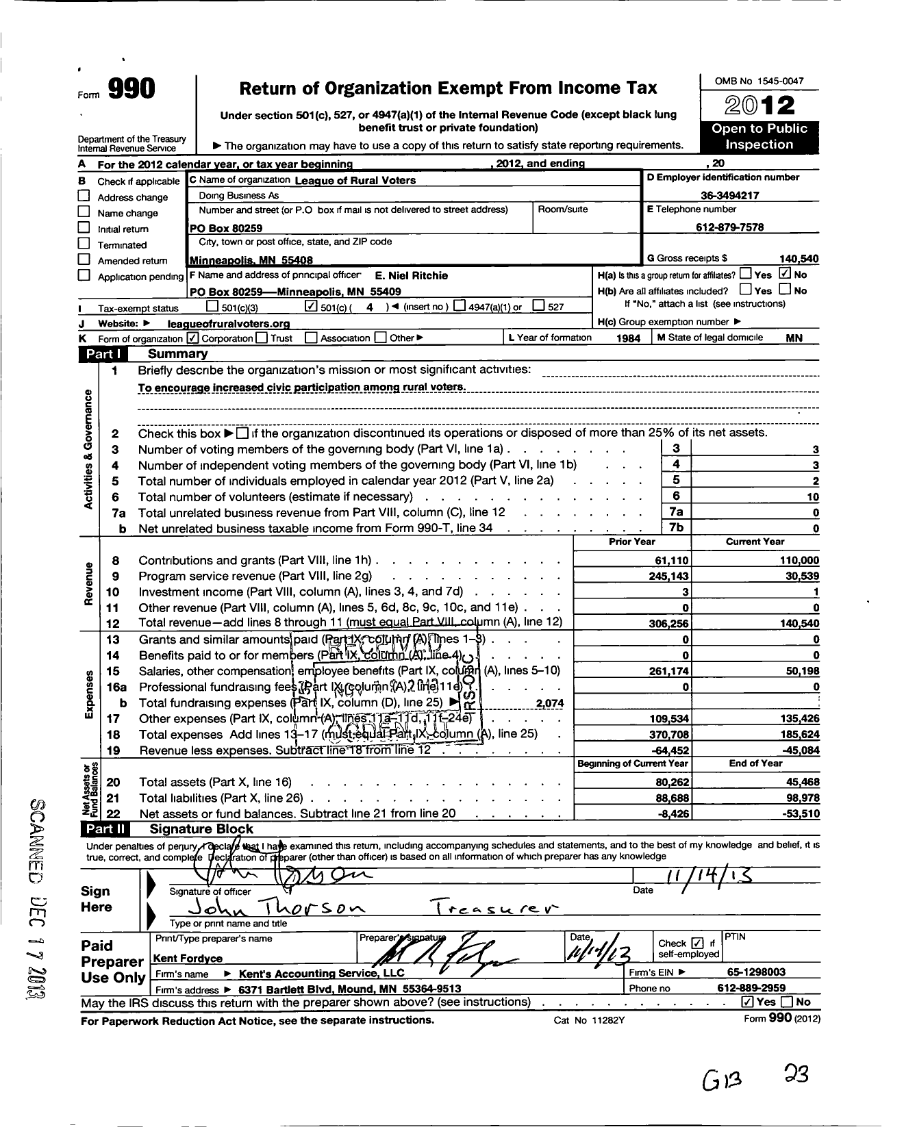 Image of first page of 2012 Form 990O for League of Rural Voters