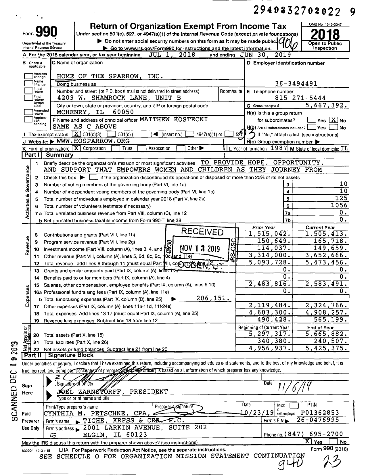 Image of first page of 2018 Form 990 for Home of the Sparrow (HOS)