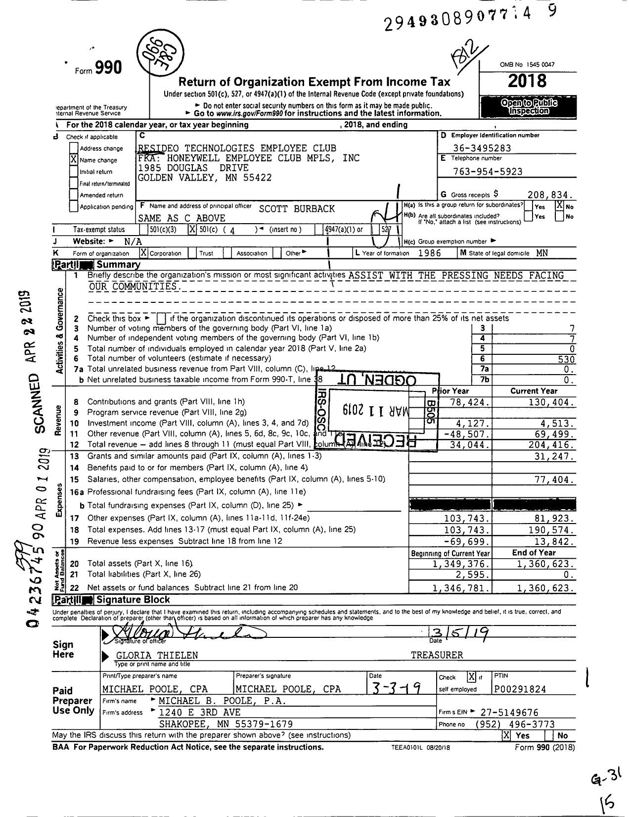 Image of first page of 2018 Form 990O for Resideo Technologies Employee Club