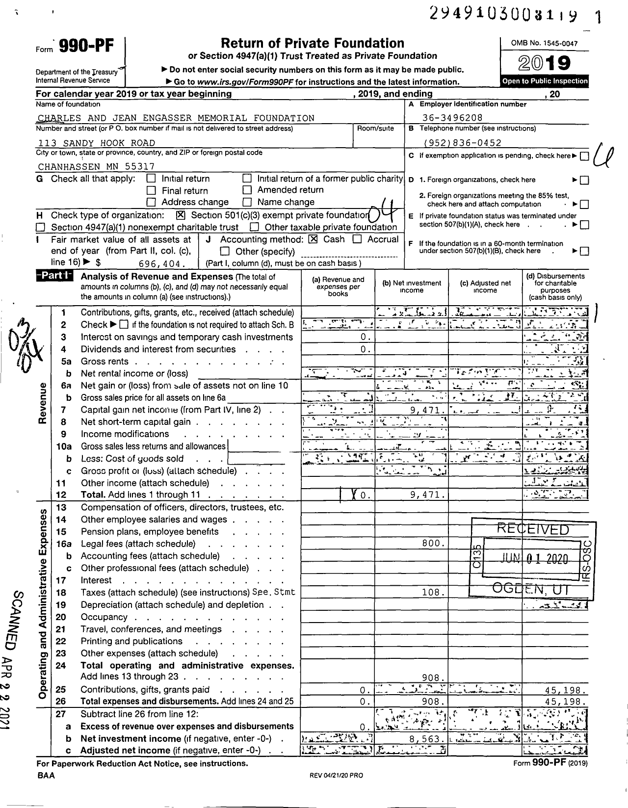 Image of first page of 2019 Form 990PF for Charles Engasser Memorial Foundation