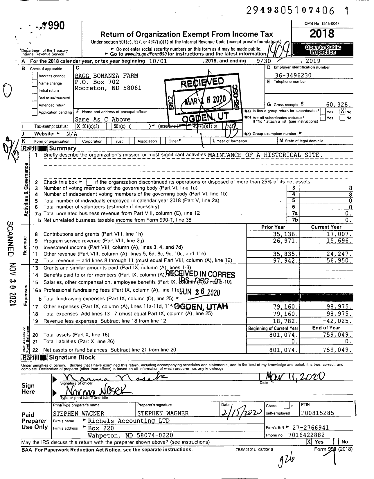 Image of first page of 2018 Form 990 for Bagg Bonanza Farm