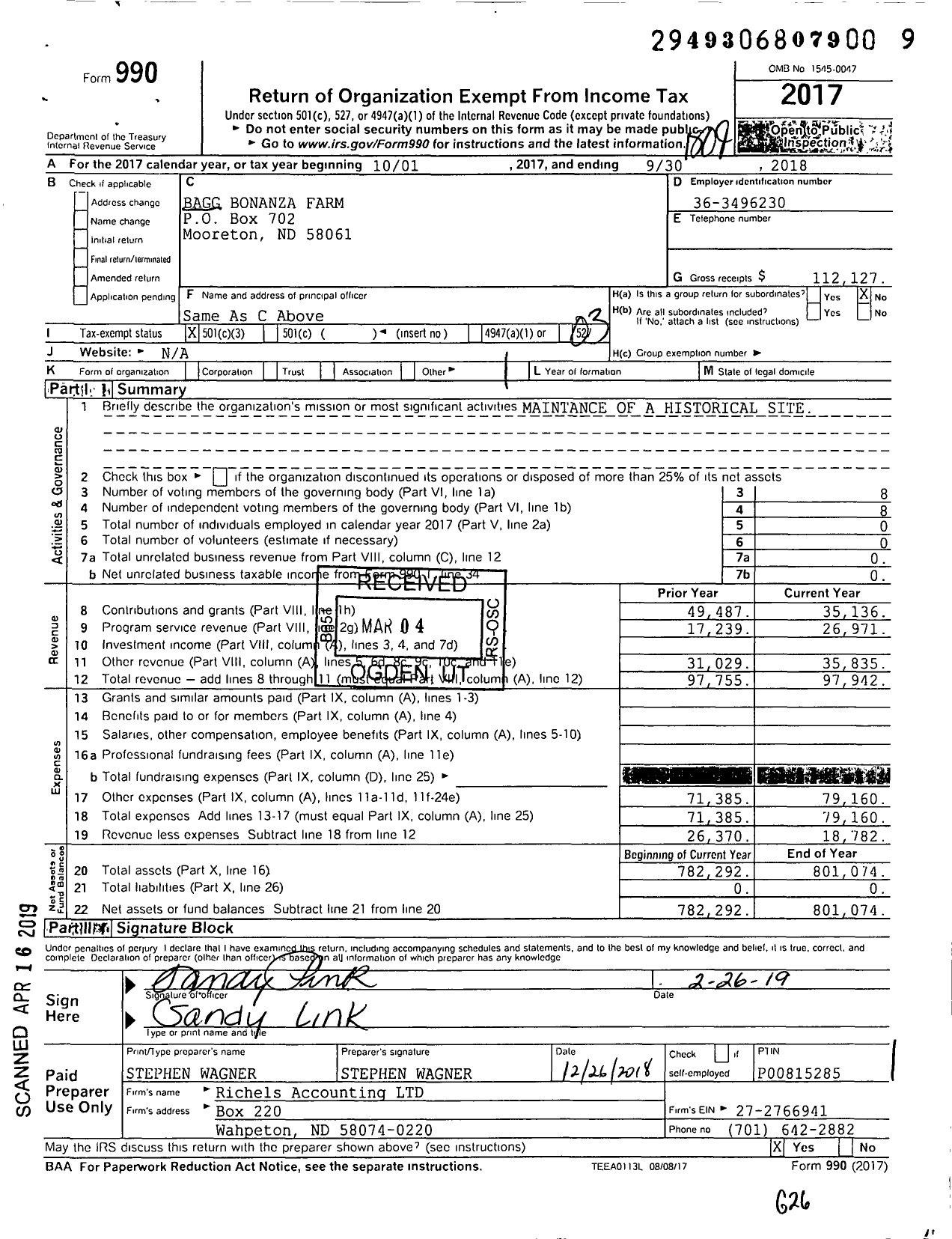 Image of first page of 2017 Form 990 for Bagg Bonanza Farm