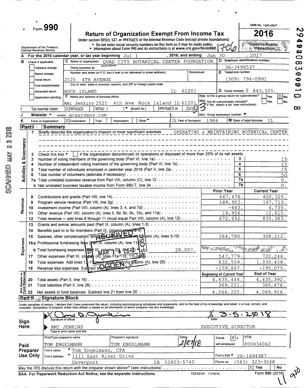 Image of first page of 2016 Form 990 for Quad City Botanical Center