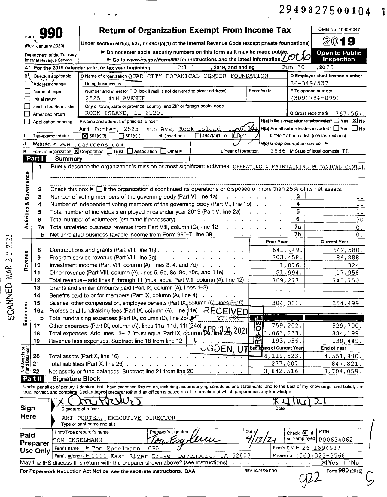 Image of first page of 2019 Form 990 for Quad City Botanical Center