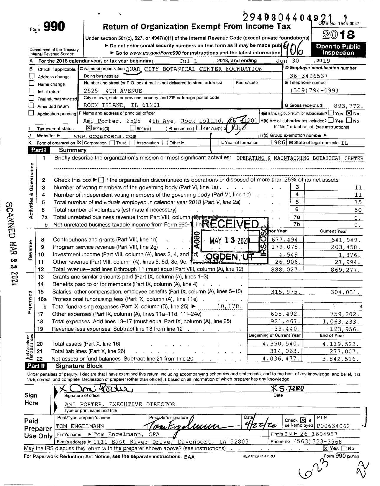 Image of first page of 2018 Form 990 for Quad City Botanical Center