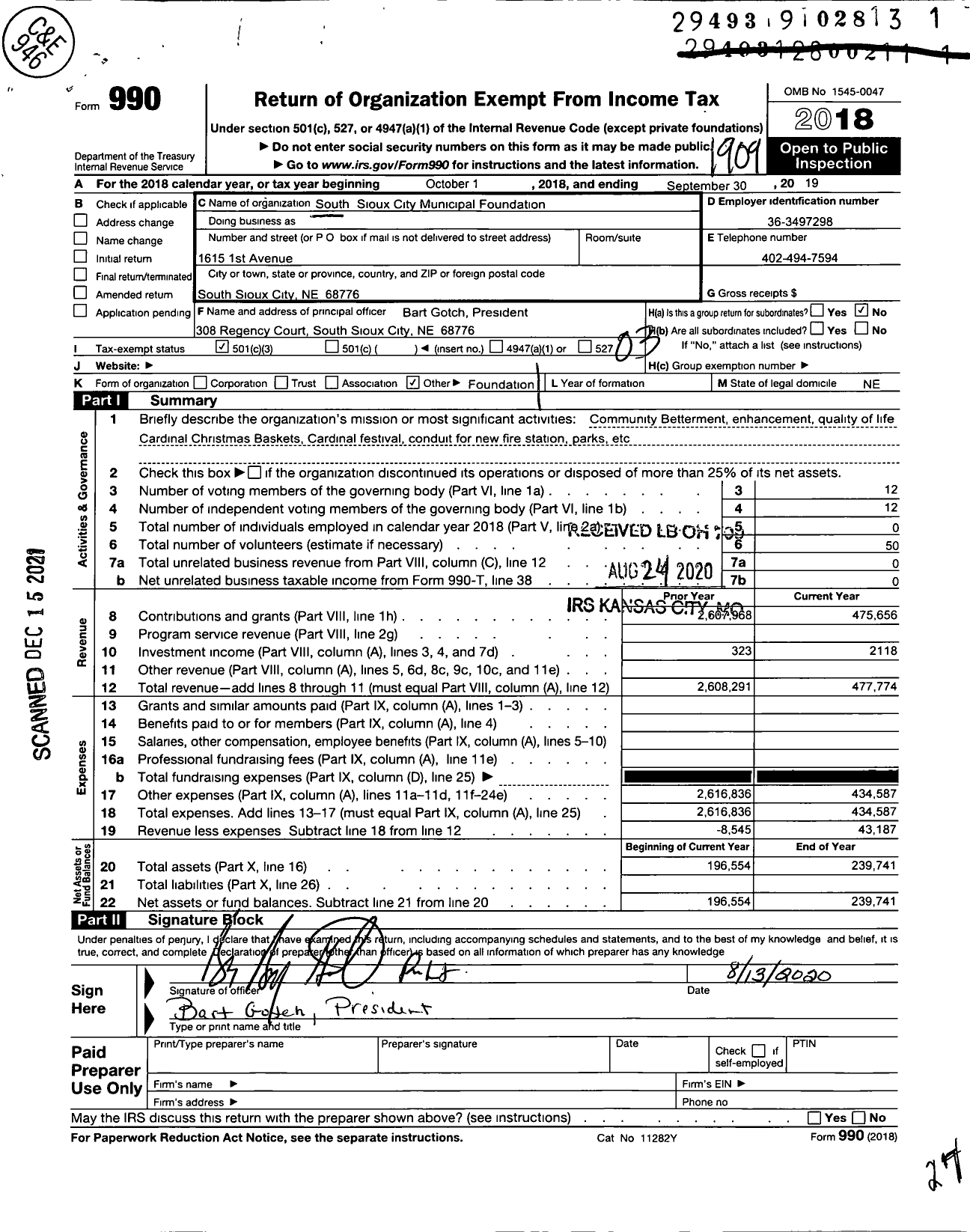 Image of first page of 2018 Form 990 for Siouxland Community Foundation