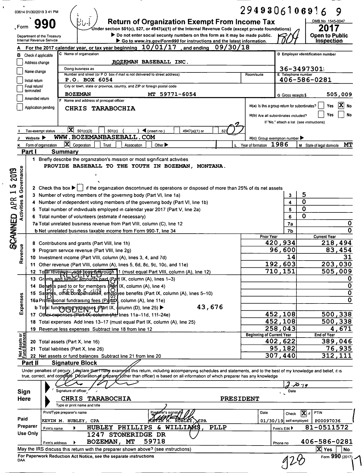 Image of first page of 2017 Form 990 for Bozeman Baseball