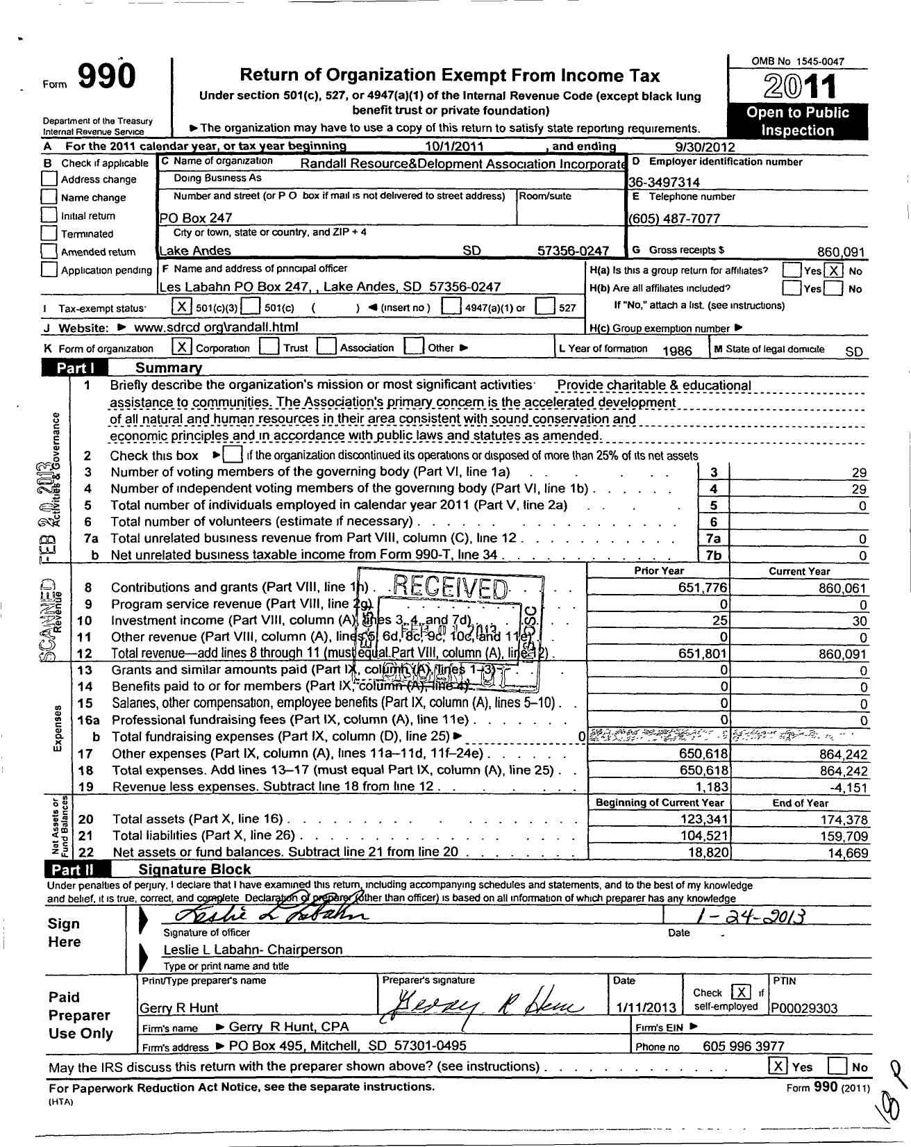 Image of first page of 2011 Form 990 for Randall Resource Conservation and Development Association Incorporate