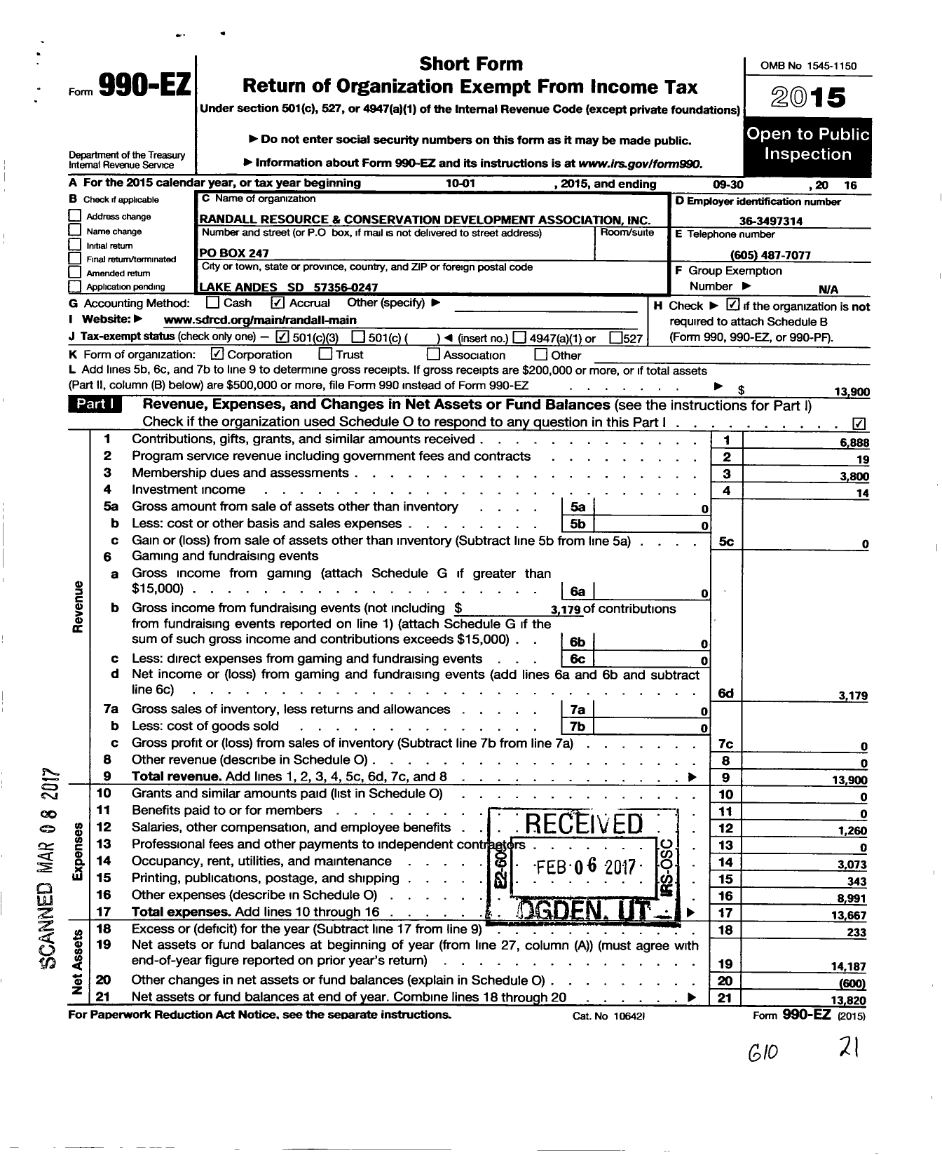 Image of first page of 2015 Form 990EZ for Randall Resource Conservation and Development Association Incorporate