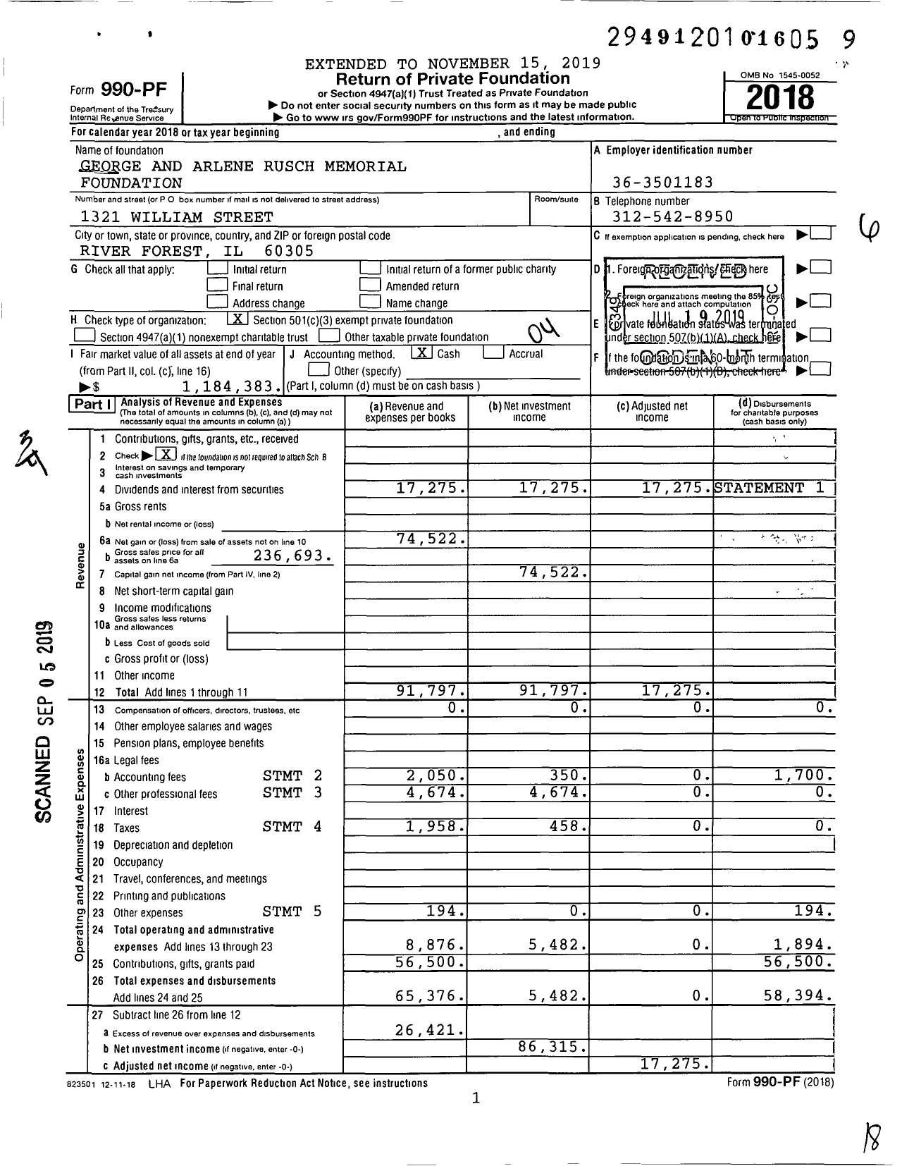 Image of first page of 2018 Form 990PF for George and Arlene Rusch Memorial Foundation