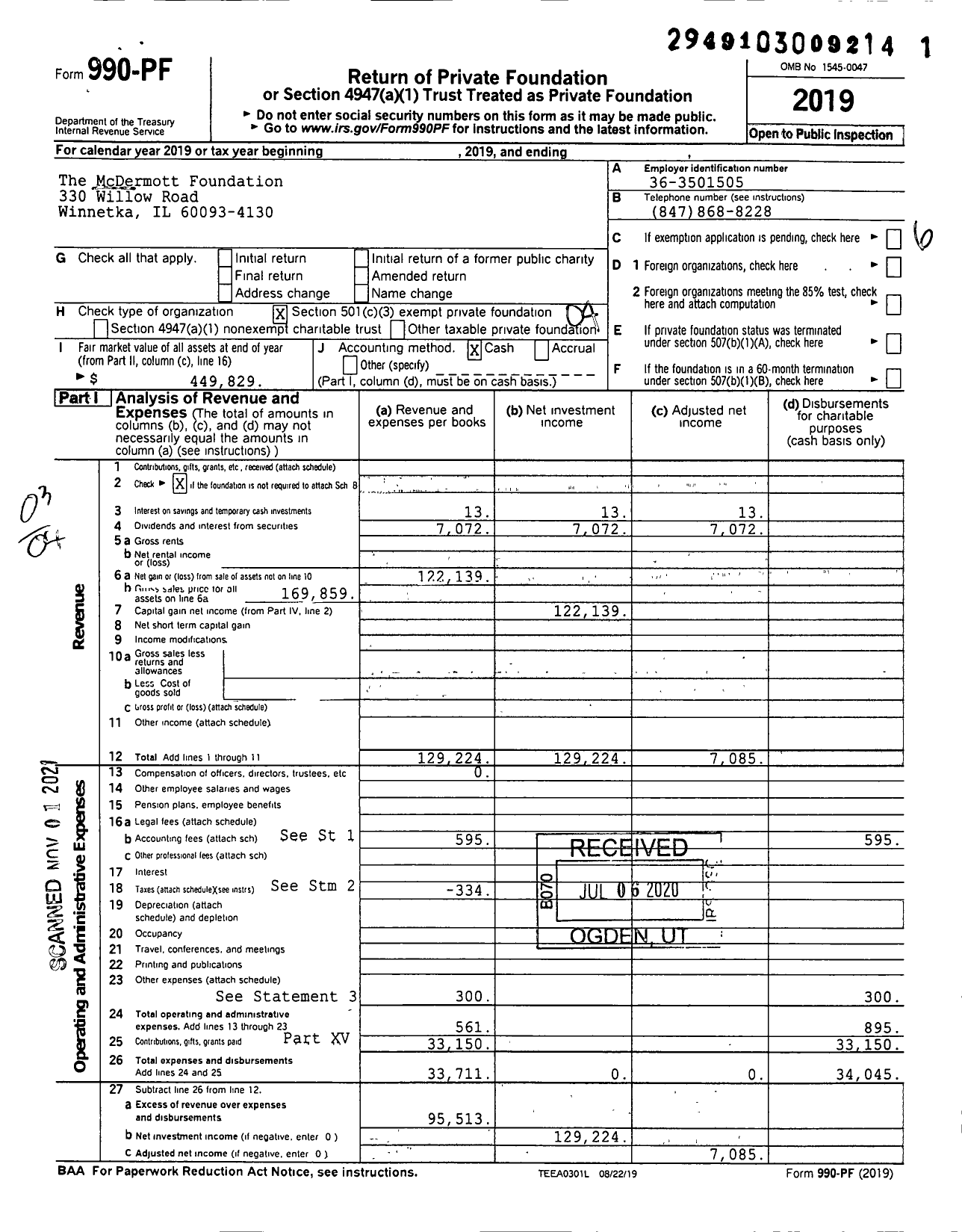 Image of first page of 2019 Form 990PF for The McDermott Foundation