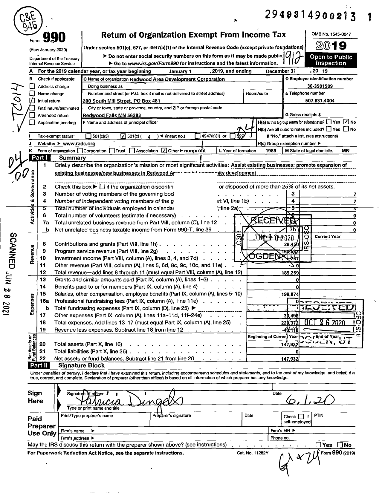 Image of first page of 2019 Form 990O for Redwood Area Development Corporation