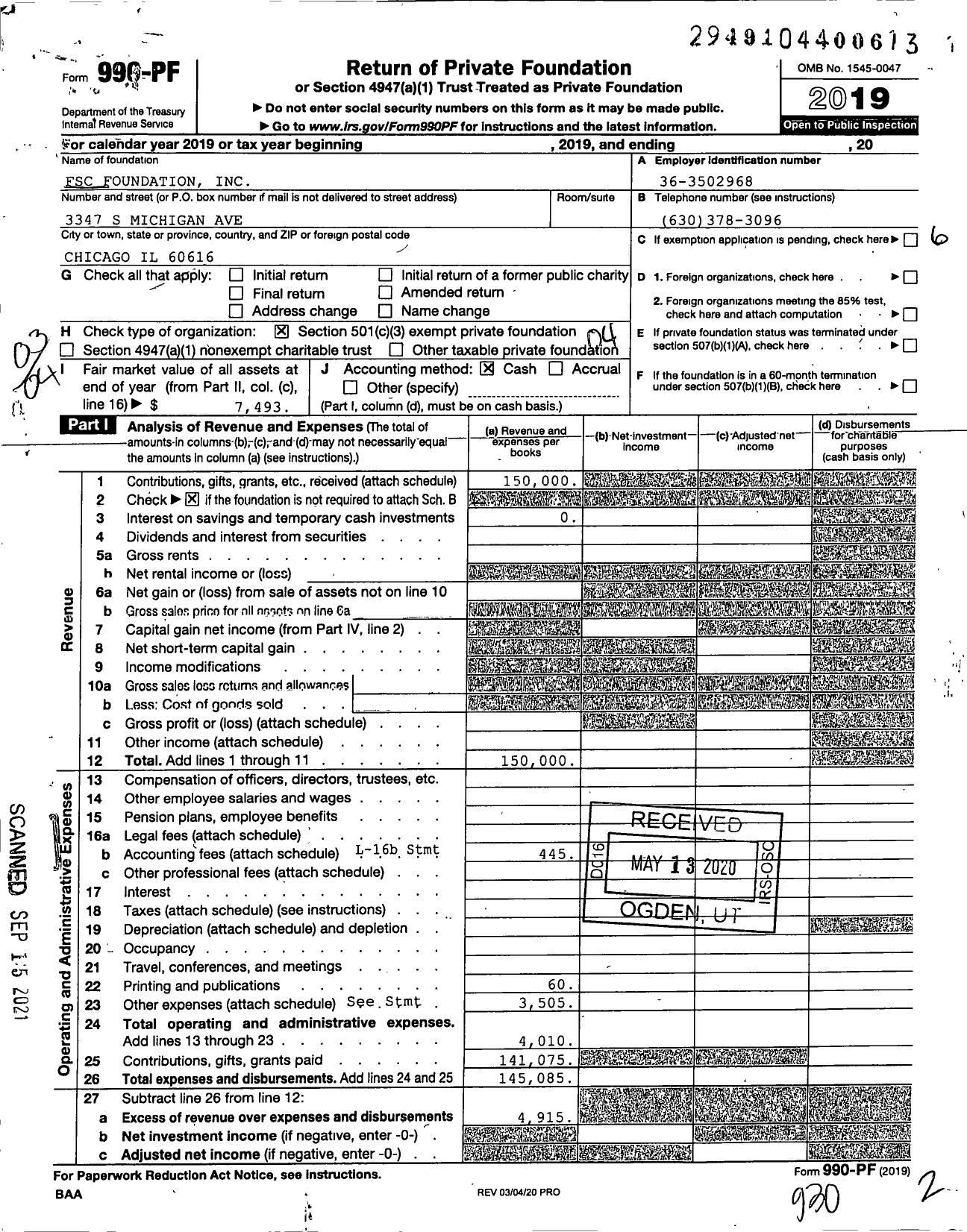 Image of first page of 2019 Form 990PF for FSC Foundation