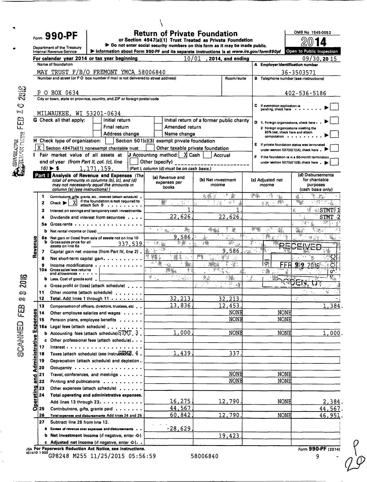 Image of first page of 2014 Form 990PF for Louis E May Trust Fbo Fremont Family Ymca