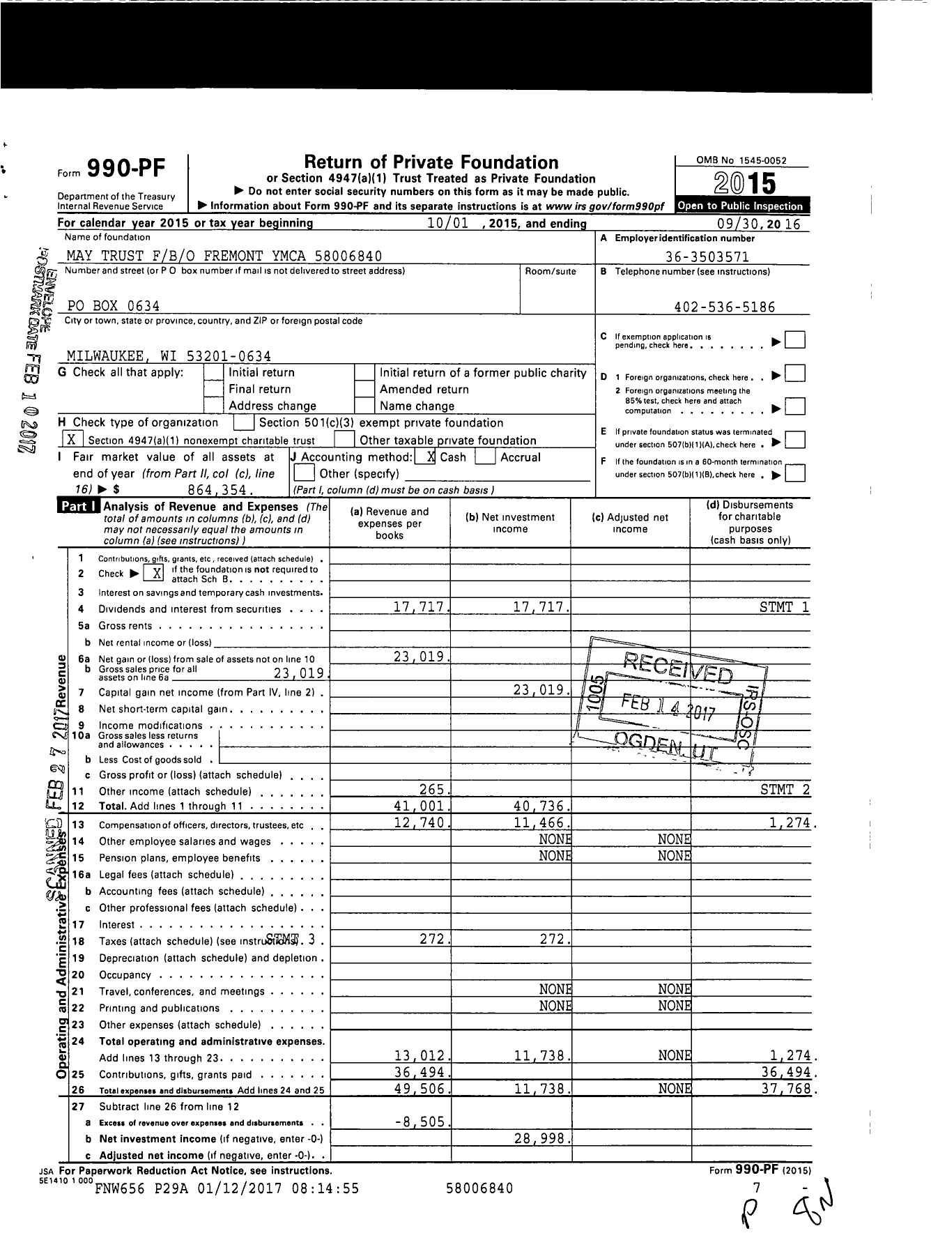 Image of first page of 2015 Form 990PF for Louis E May Trust Fbo Fremont Family Ymca