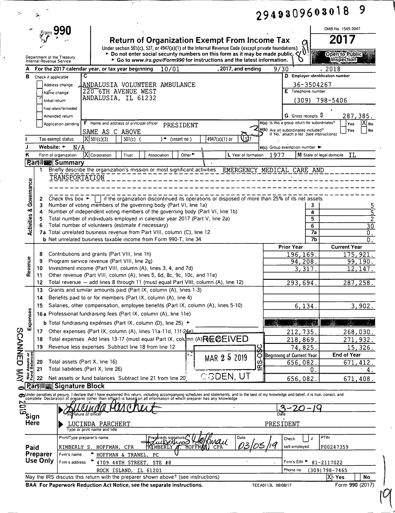 Image of first page of 2017 Form 990 for Andalusia Volunteer Ambulance