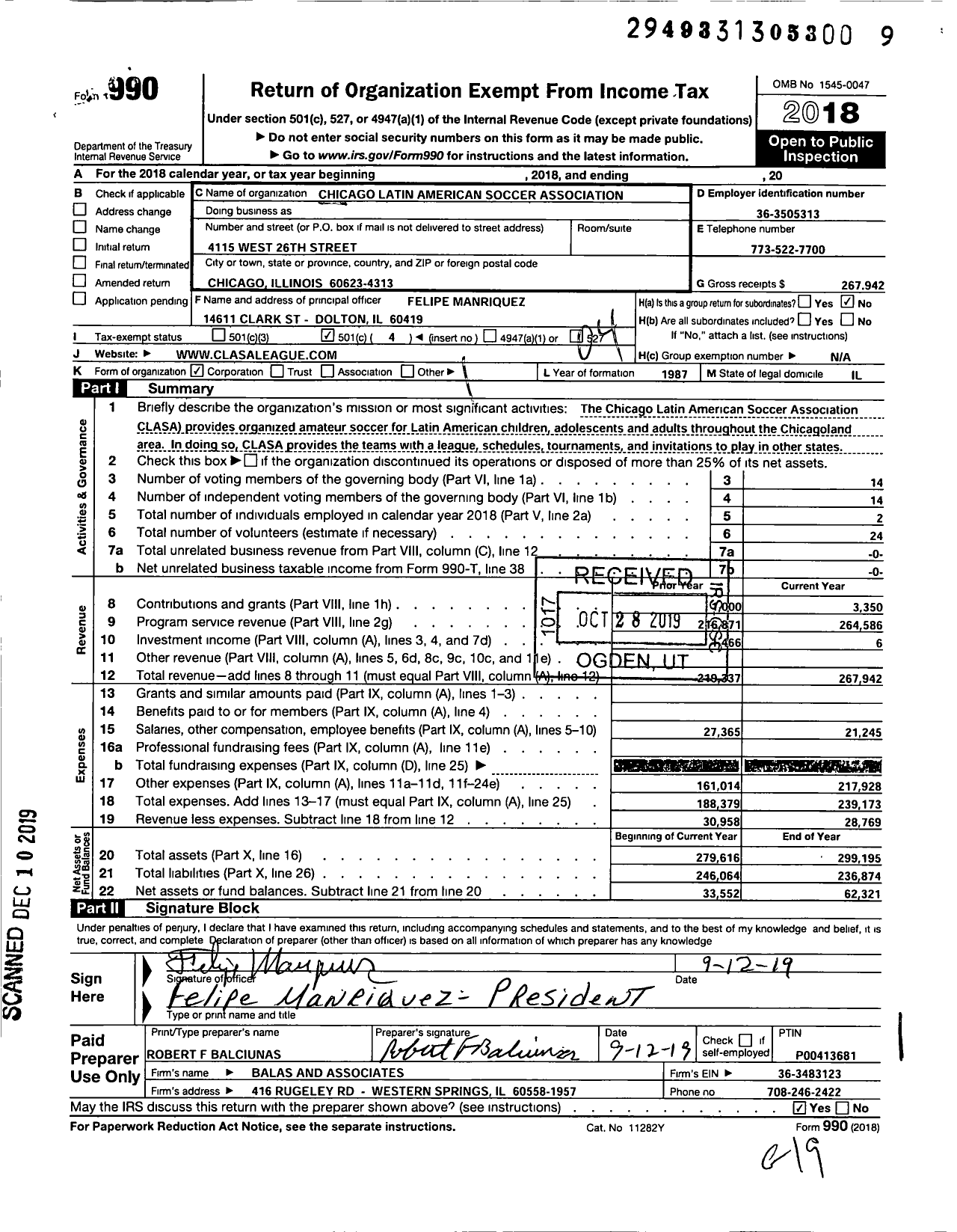 Image of first page of 2018 Form 990O for Chicago Latin American Soccer Association