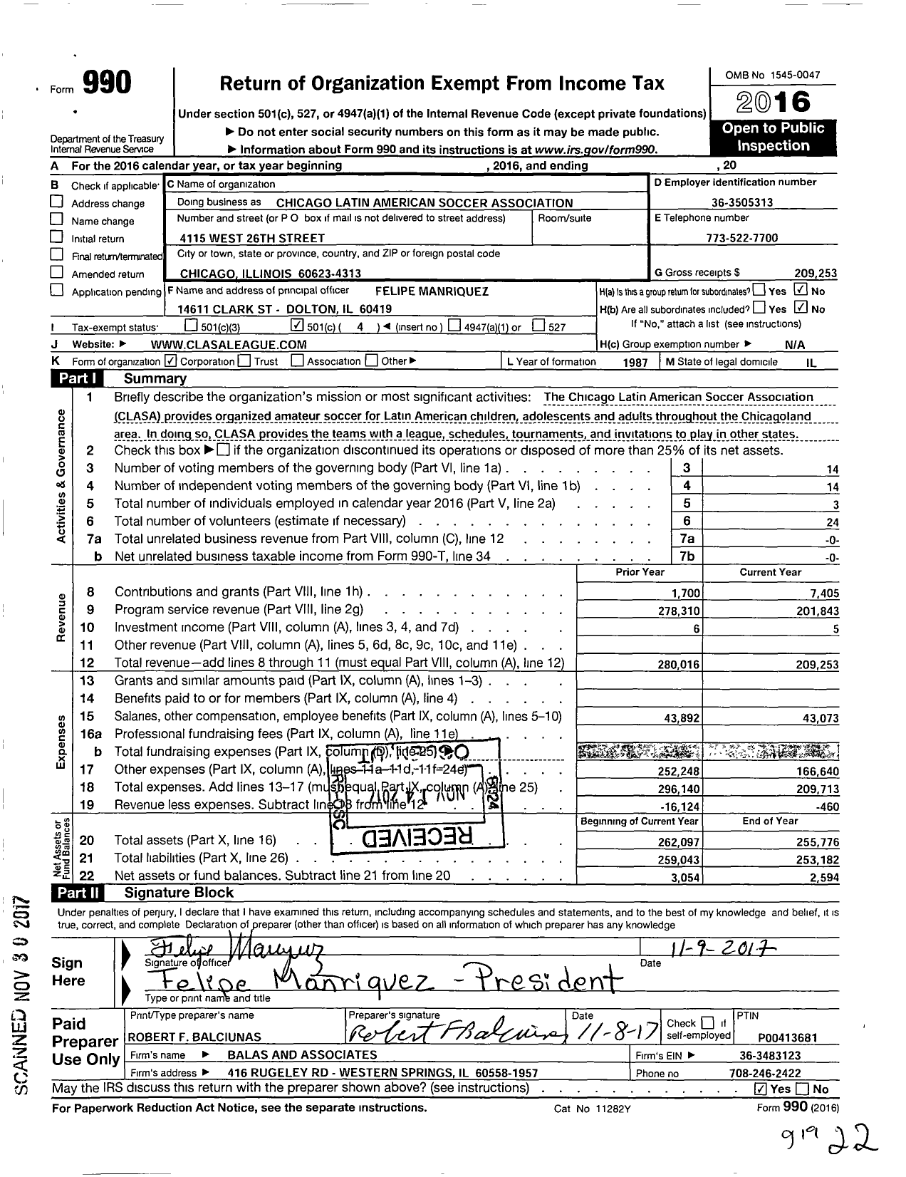 Image of first page of 2016 Form 990O for Chicago Latin American Soccer Association