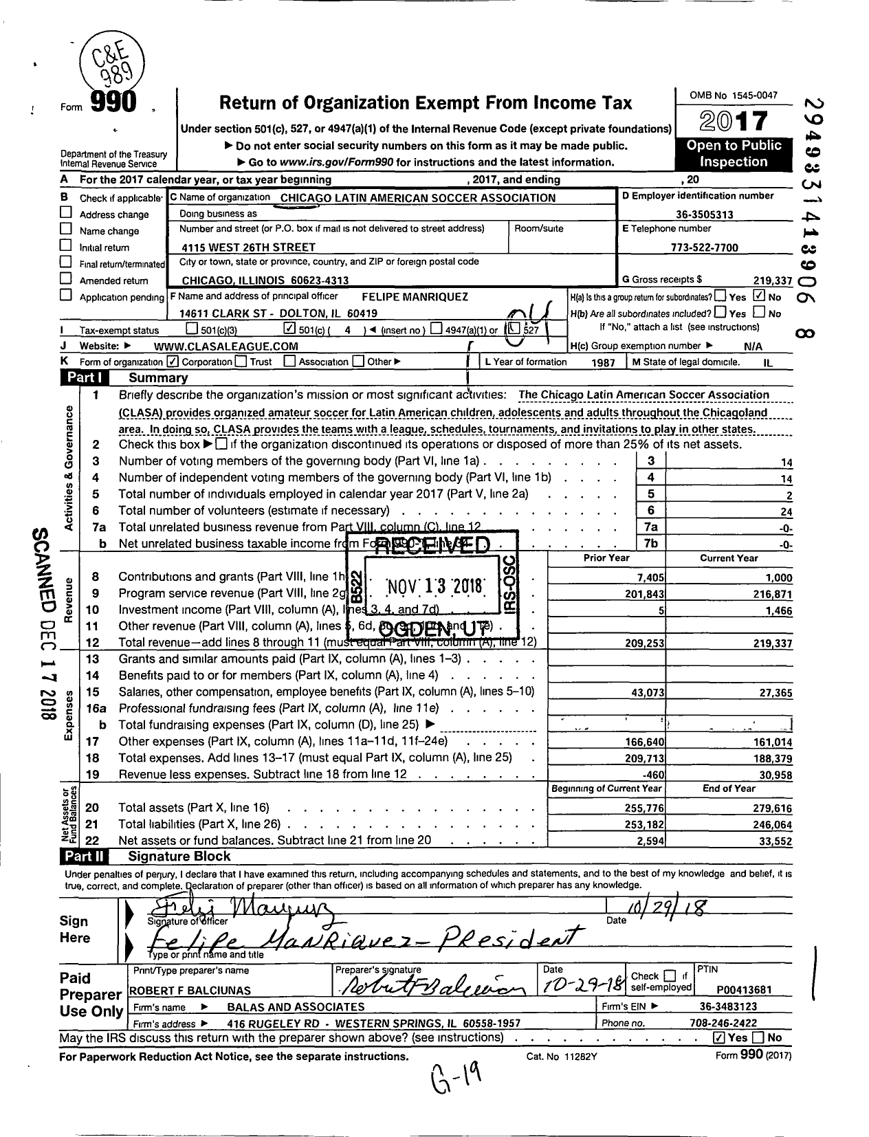 Image of first page of 2017 Form 990O for Chicago Latin American Soccer Association