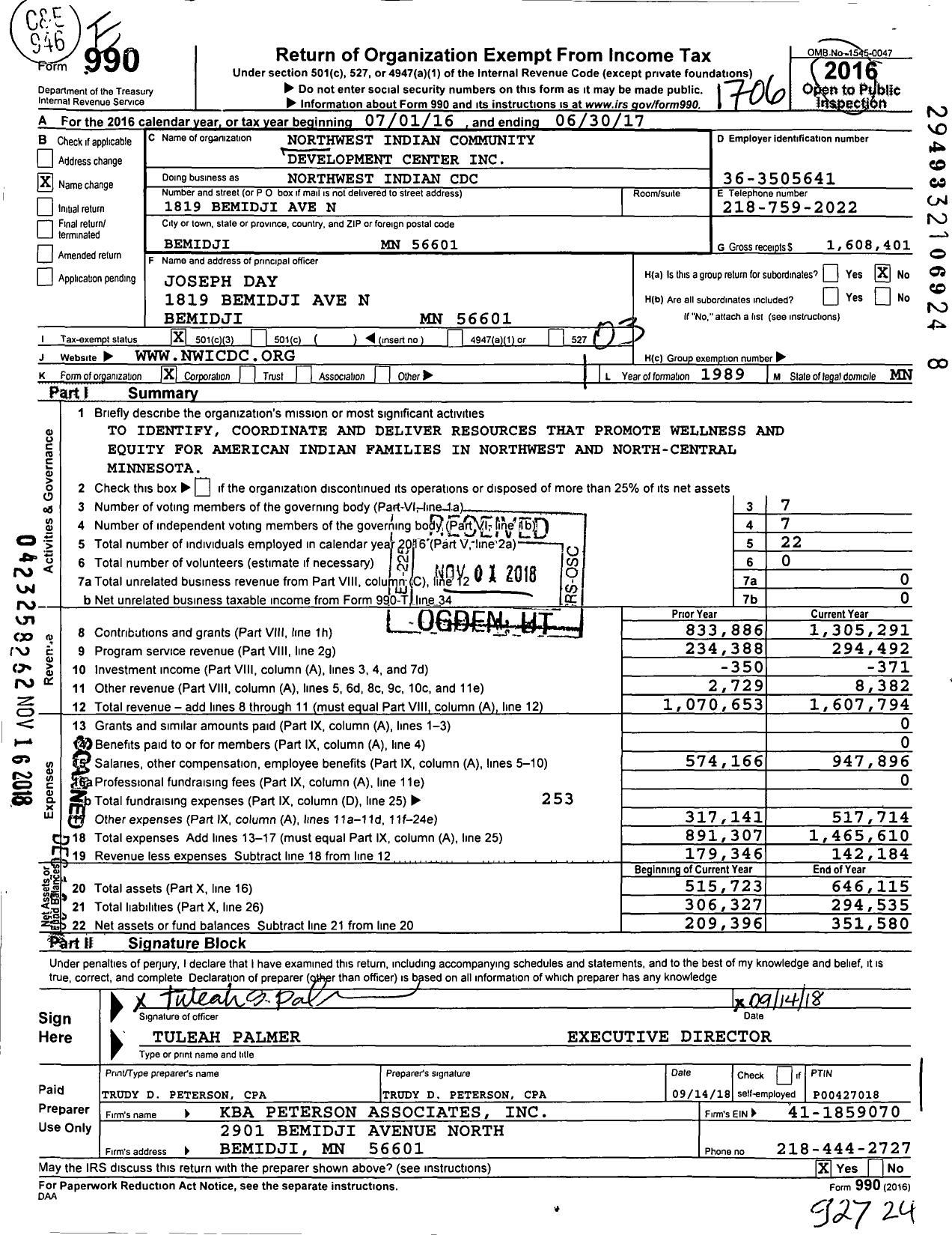 Image of first page of 2016 Form 990 for Northwest Indian Community Development Center