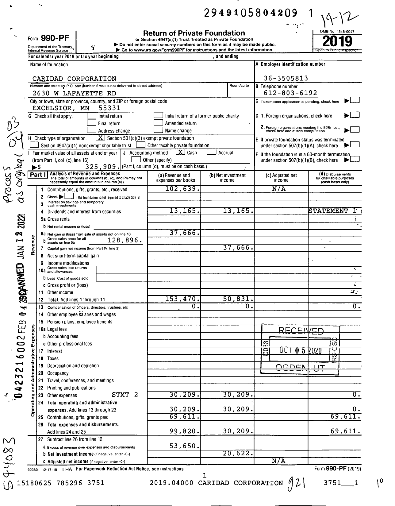 Image of first page of 2019 Form 990PF for Caridad Corporation