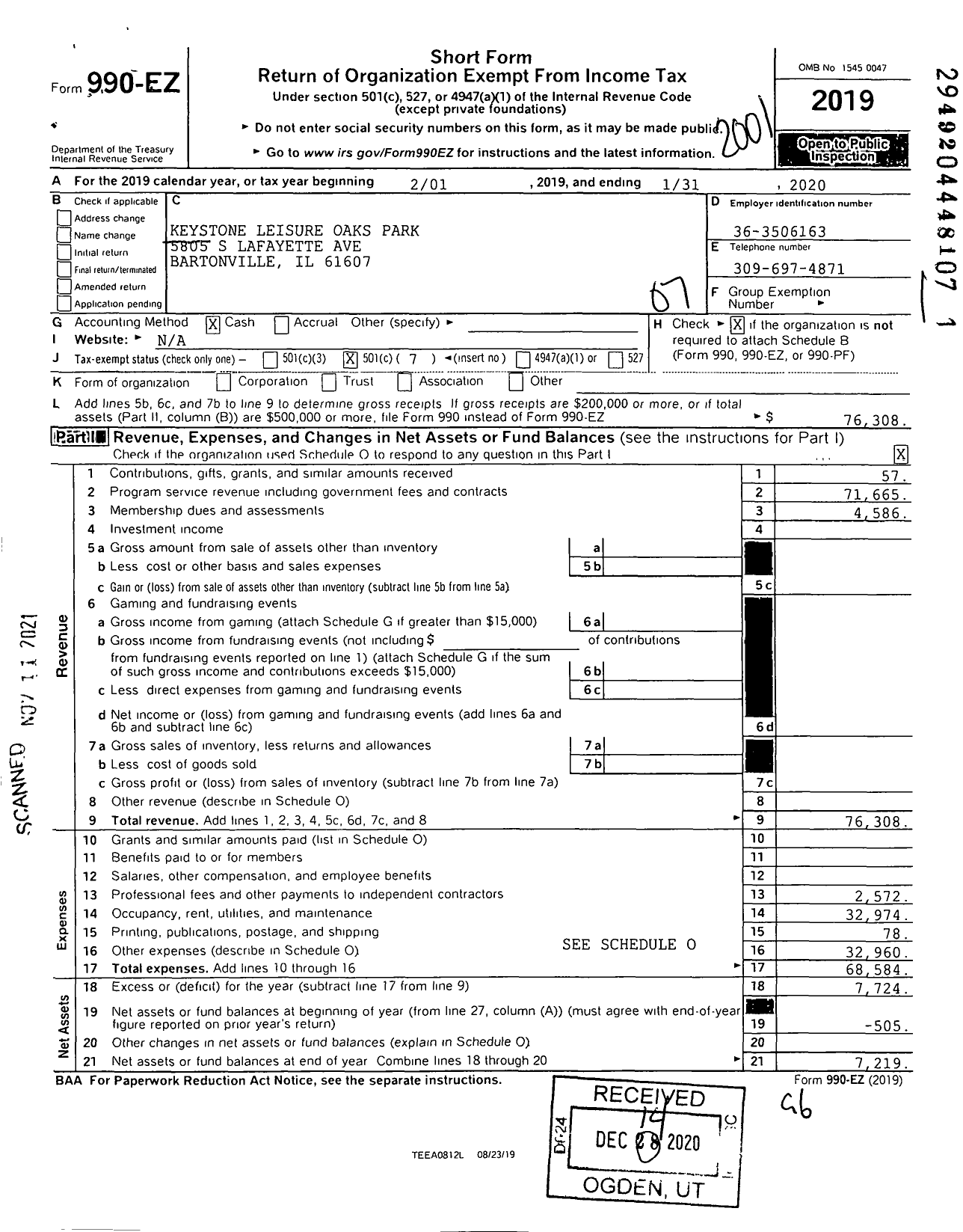 Image of first page of 2019 Form 990EO for Keystone Leisure Oaks Park