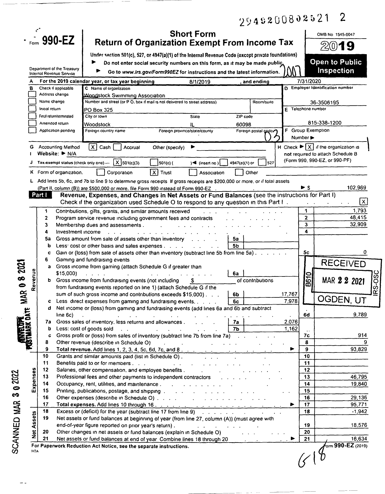 Image of first page of 2019 Form 990EZ for Woodstock Swimming Association